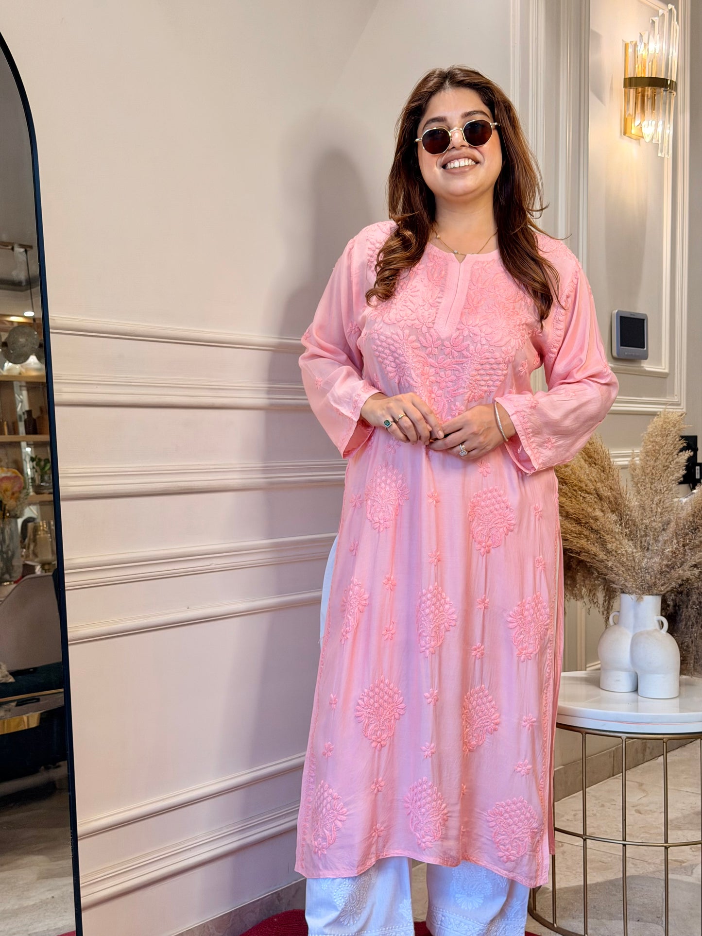 Chikankari Kurta set | Muslin | Salmon Pink