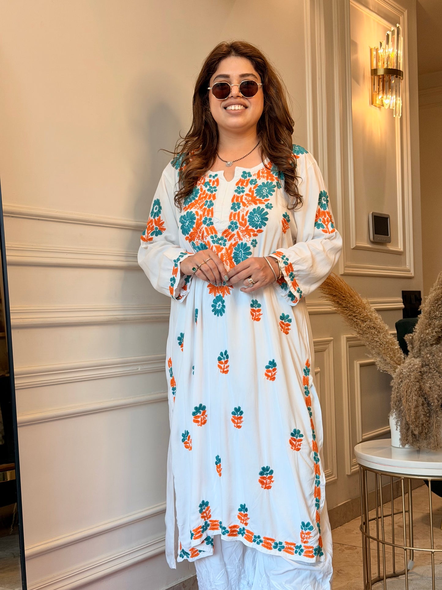 Hand embroidered Chikankari Kurta | Premium Cotton | White with Turquoise & Orange