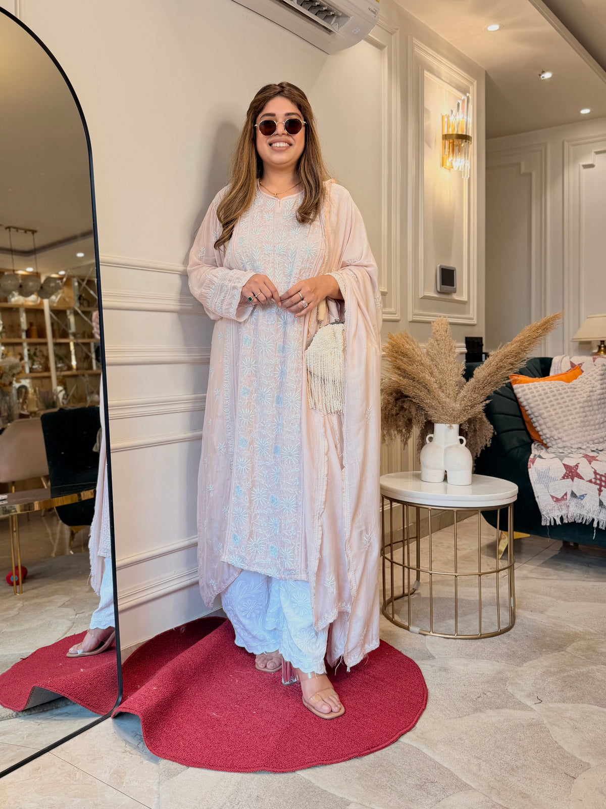 Luxe Hand Embroidered Chikankari Kurta & Duppta | Premium Soft Muslin | Peach Nude