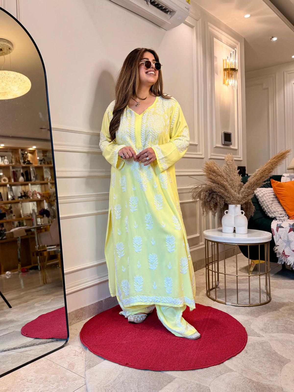 3d Hand Embroidered Chikankari Kurta set | Premium Modal | Lemon Yellow