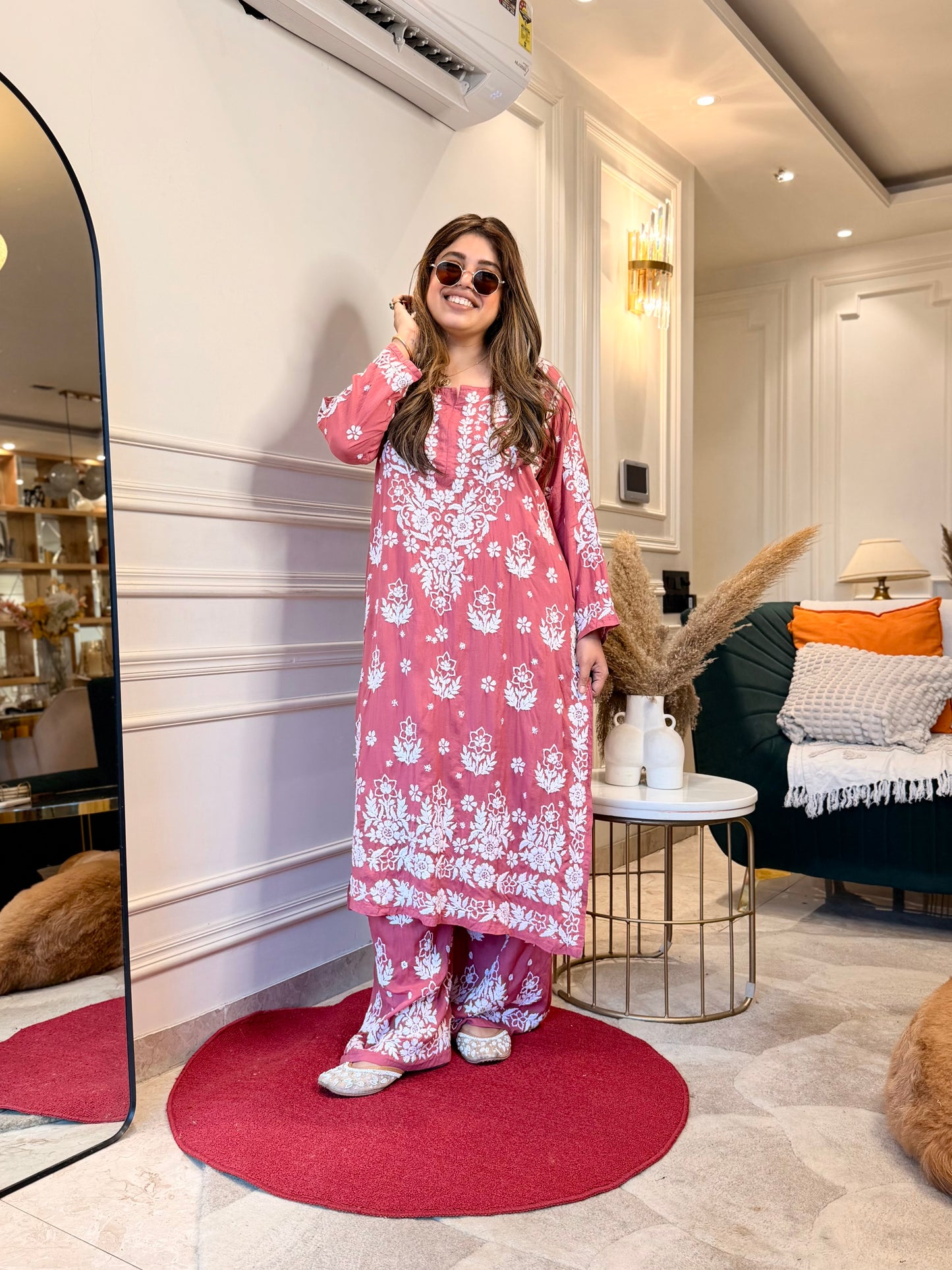 Hand embroidered 3D Chikankari Kurta set | Premium Modal| Dusty Rose