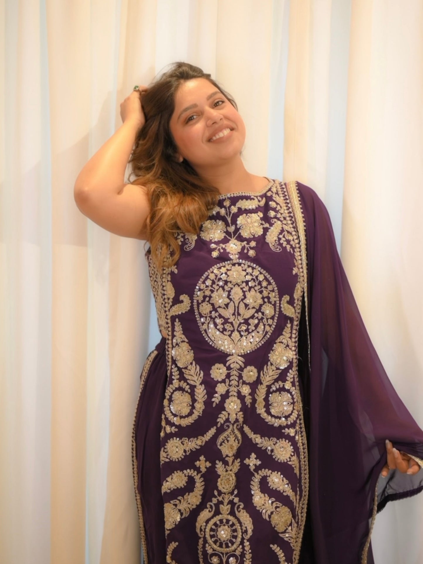 Royal Purple Hand-Embroidered Straight Co Ord Set– Festive & Wedding