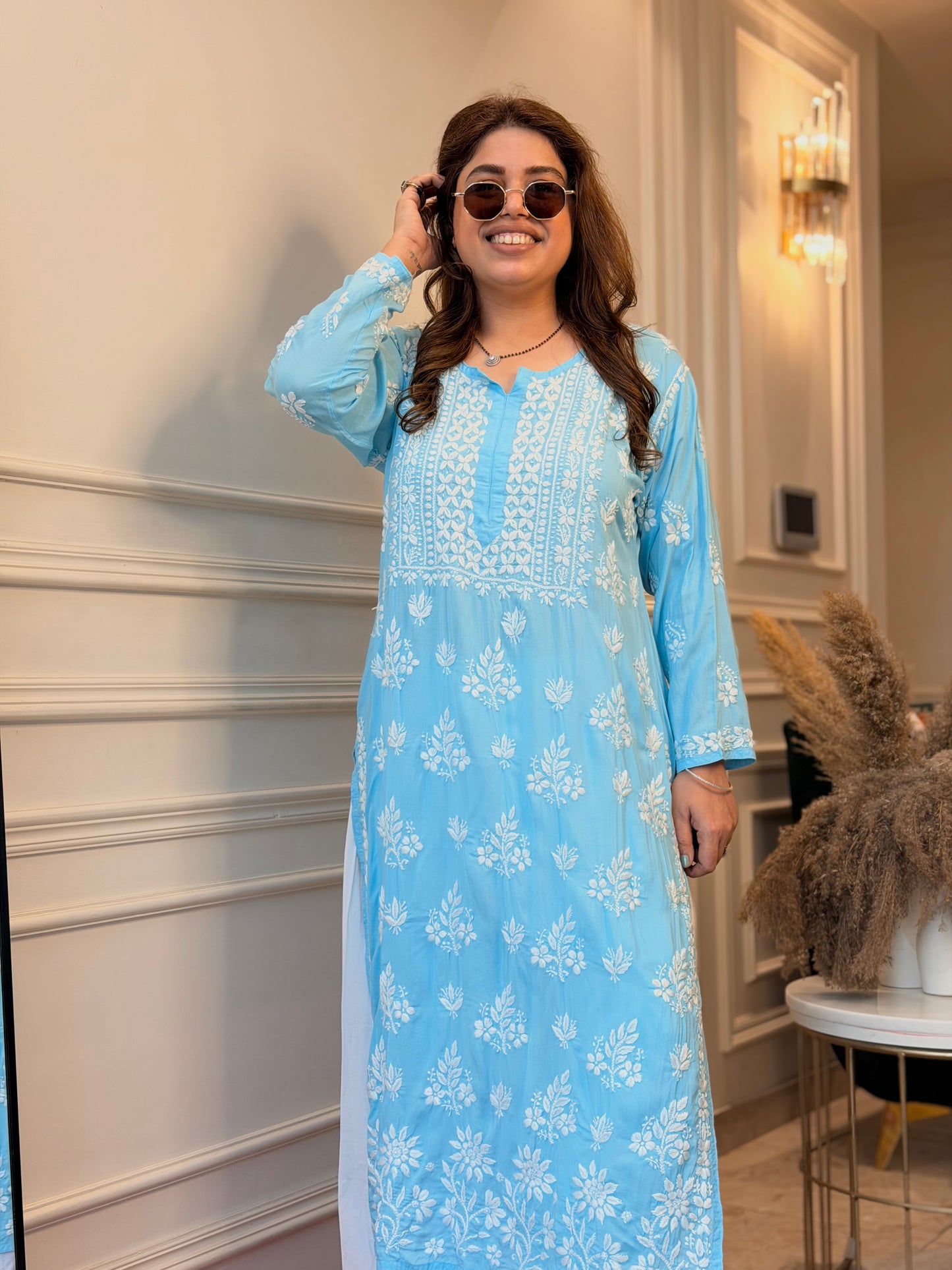 Hand Embroidered 3DChikankari Kurta  | Mul Chanderi | Frozi Blue