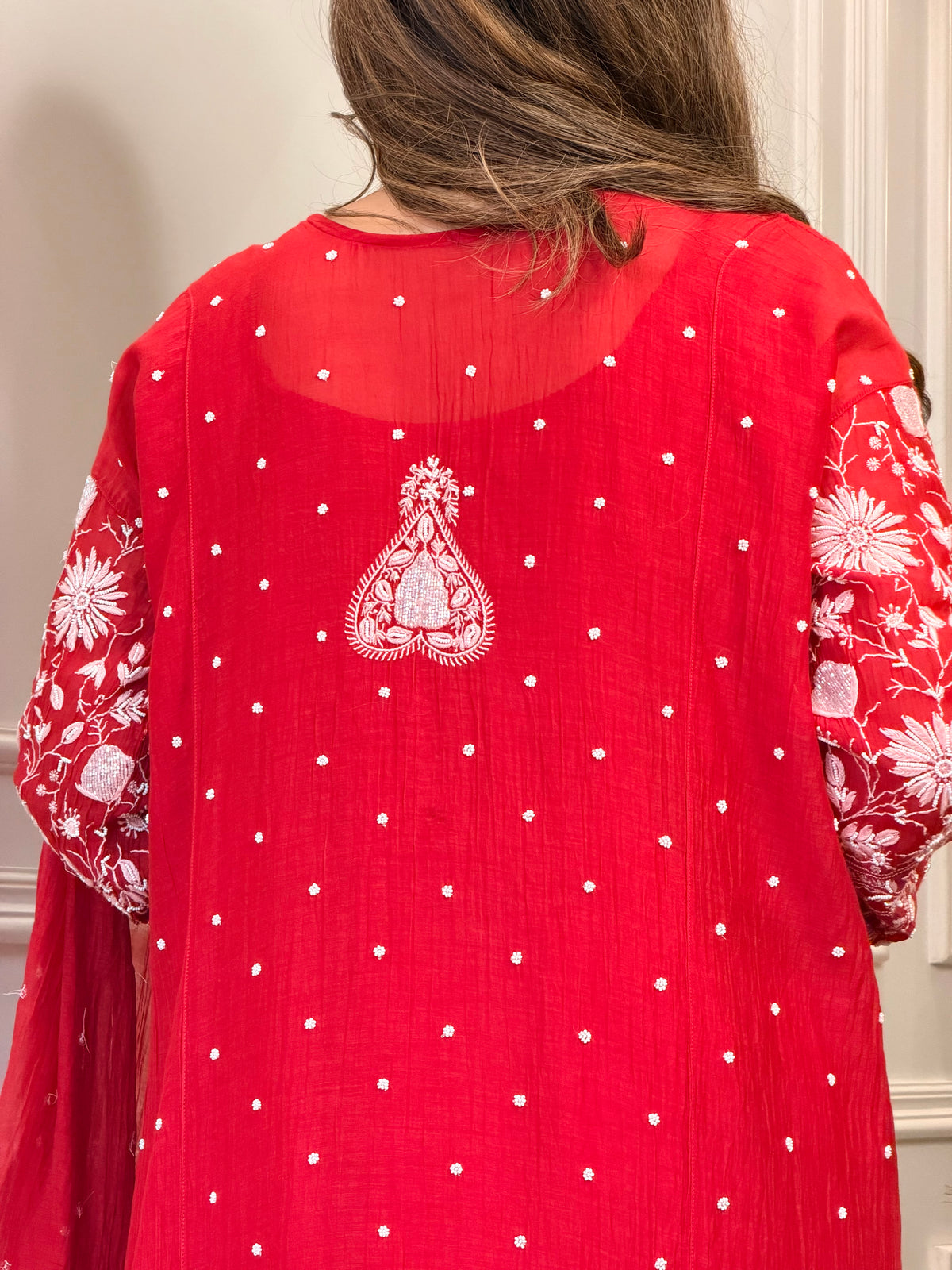 Premium Hand Embroidered Chikankari Kurta & Duppta | Mul Chanderi | Red