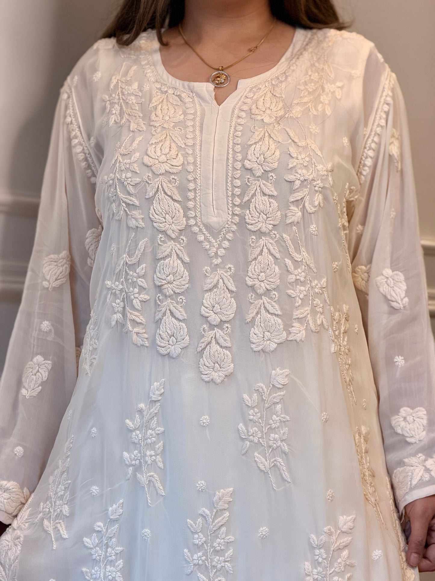 Hand Embroidered 3DChikankari Kurta  | Viscose | Beige