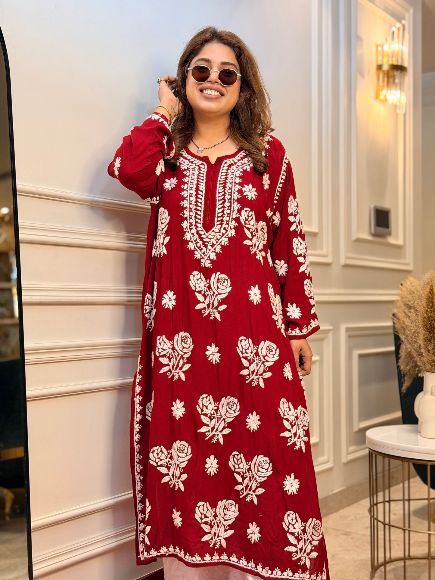 Hand Embroidered 3D Chikankari Kurta | Premium Modal | Mahroon