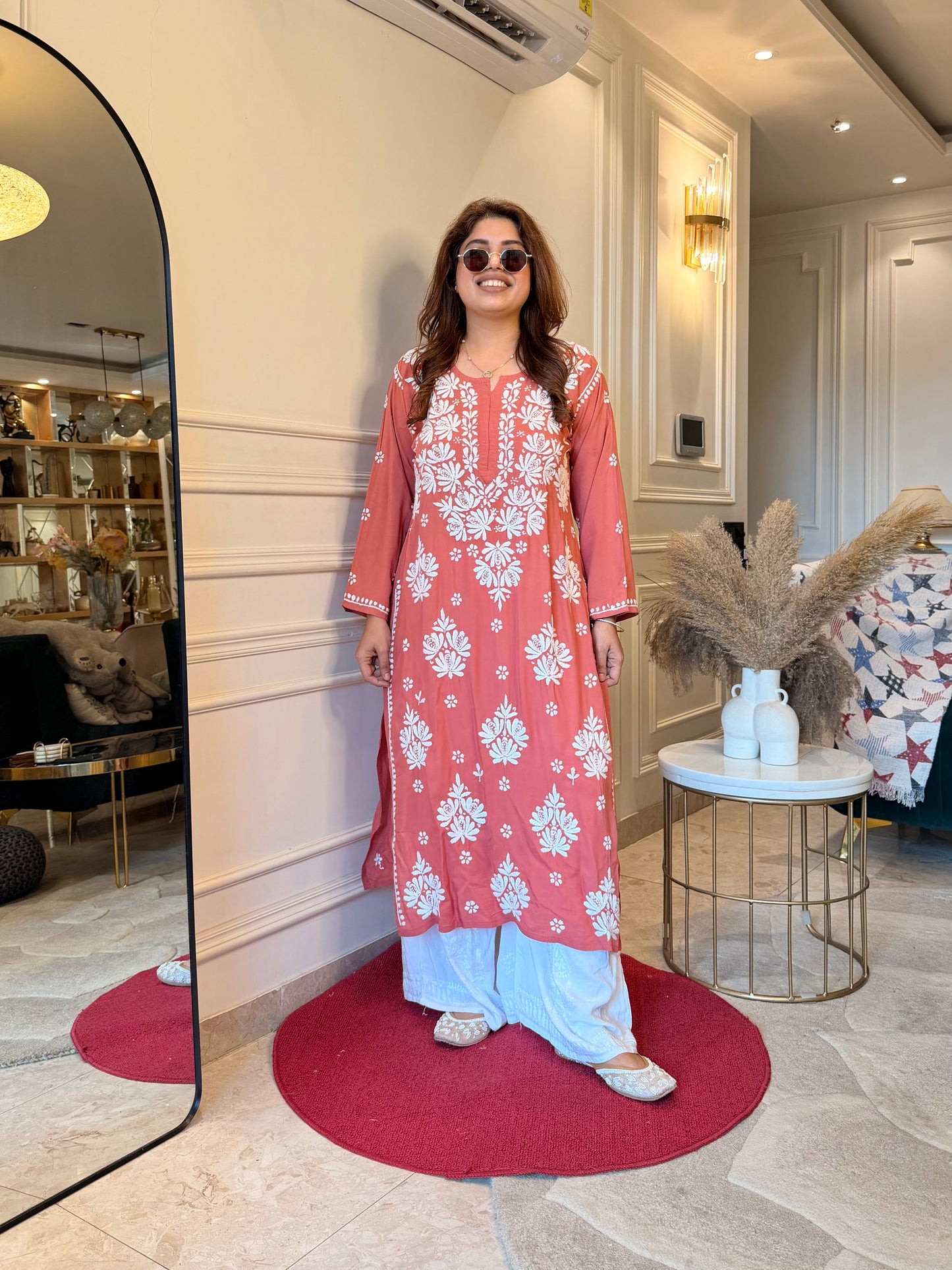 Hand Embroidered Chikankari Kurta | Modal | Coral Peach