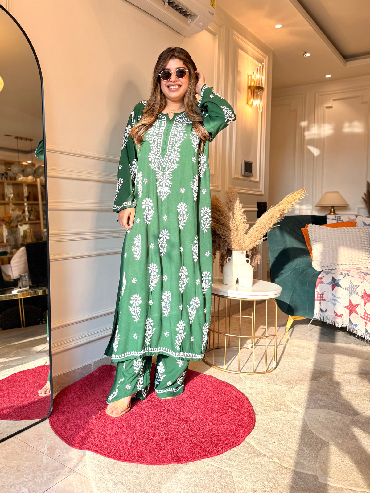 Hand Embroidered 3D Chikankari Kurta set | Premium Modal | Emerald Green