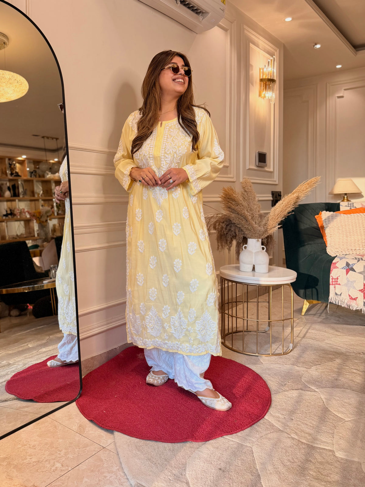 Hand Embroidered 3D Chikankari Kurta | Mul Chanderi | Butter Yellow
