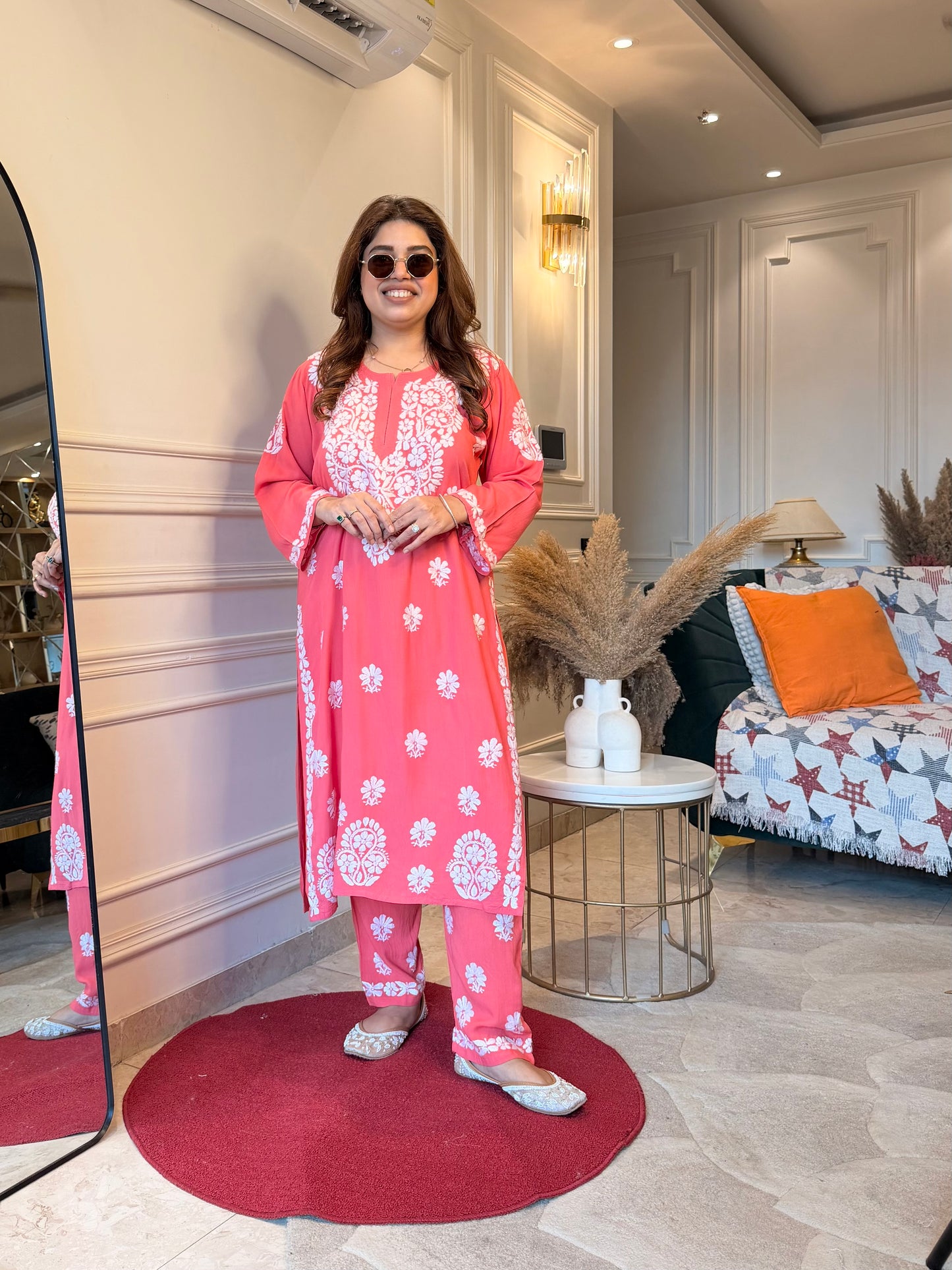 Hand Embroidered Chikankari Kurta set | Modal | Watermelon Pink