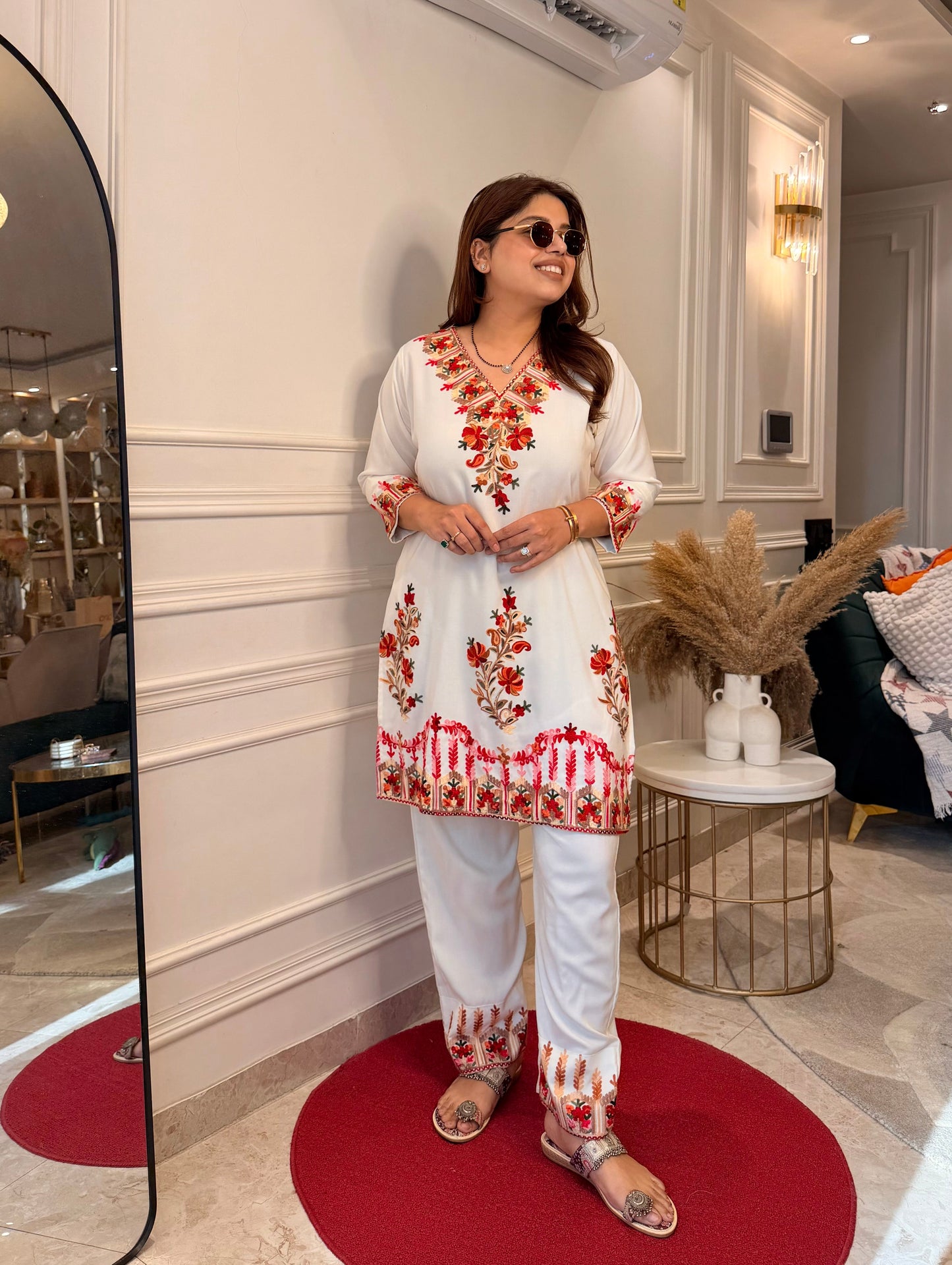 Cotton Kashmiri Emberoried Cordset- Cream colour