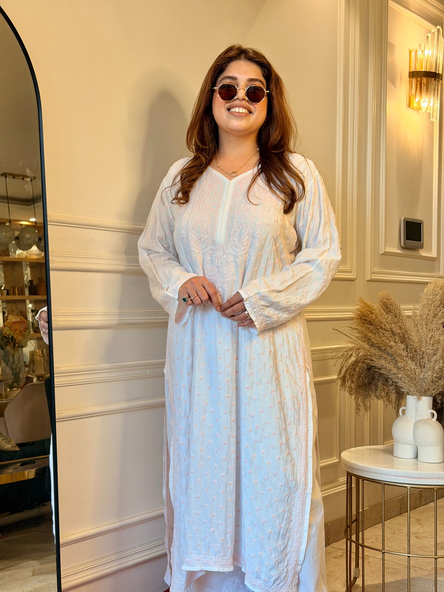 Hand Embroidered Chikankari Kurta  | Mul Chanderi | white with Pink| Plus Size