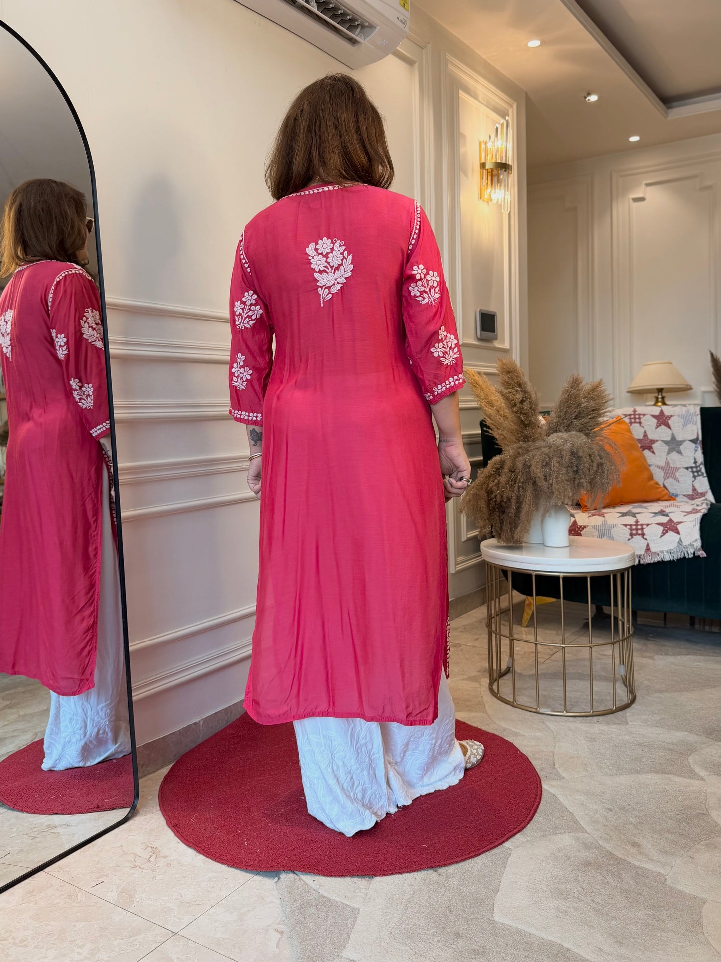 Hand Embroidered 3DChikankari Kurta  | Mul Chanderi | Rose Pink