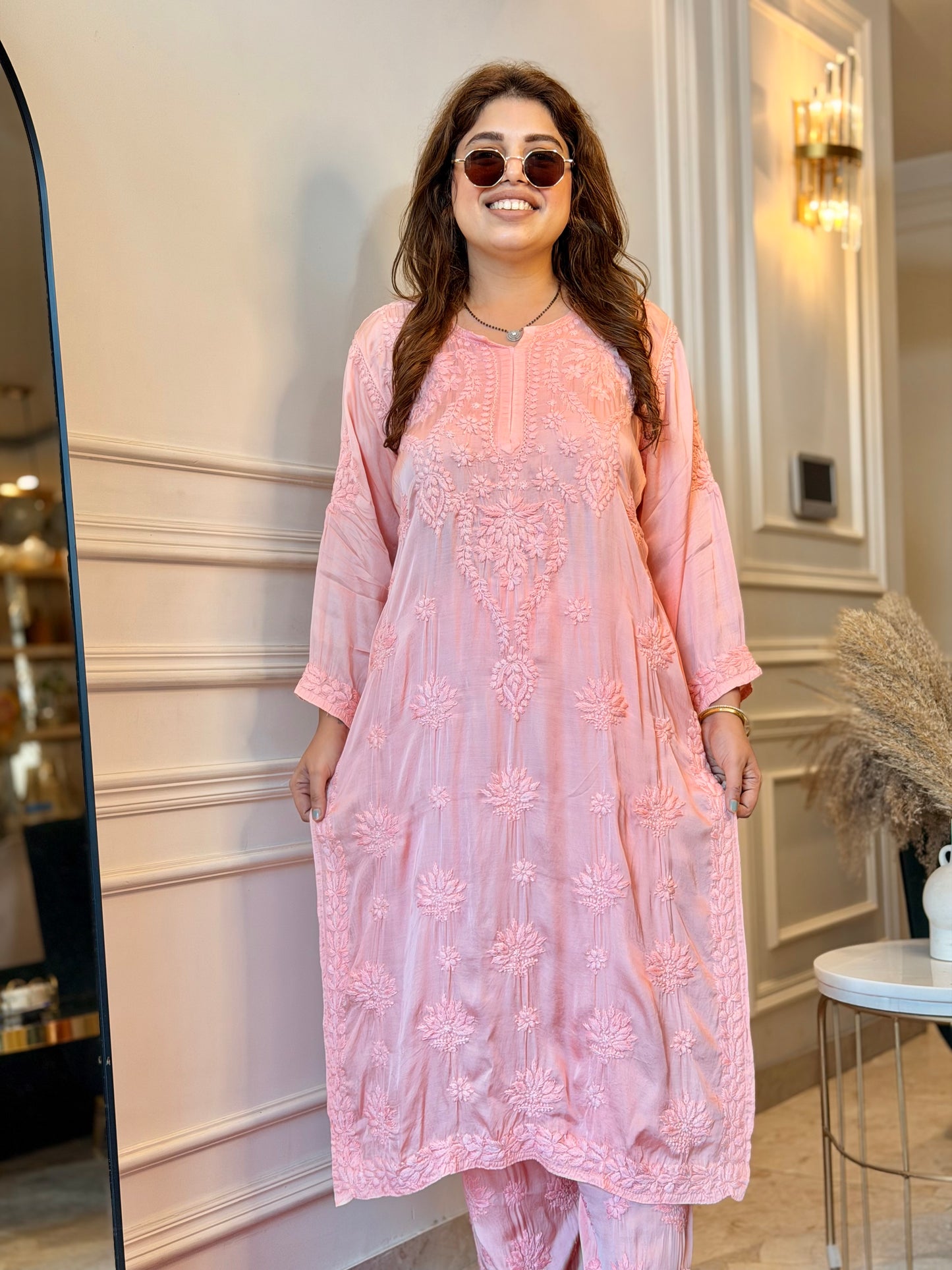 Hand Embroidered Chikankari Kurta set | Modal Satin Silk | Peach
