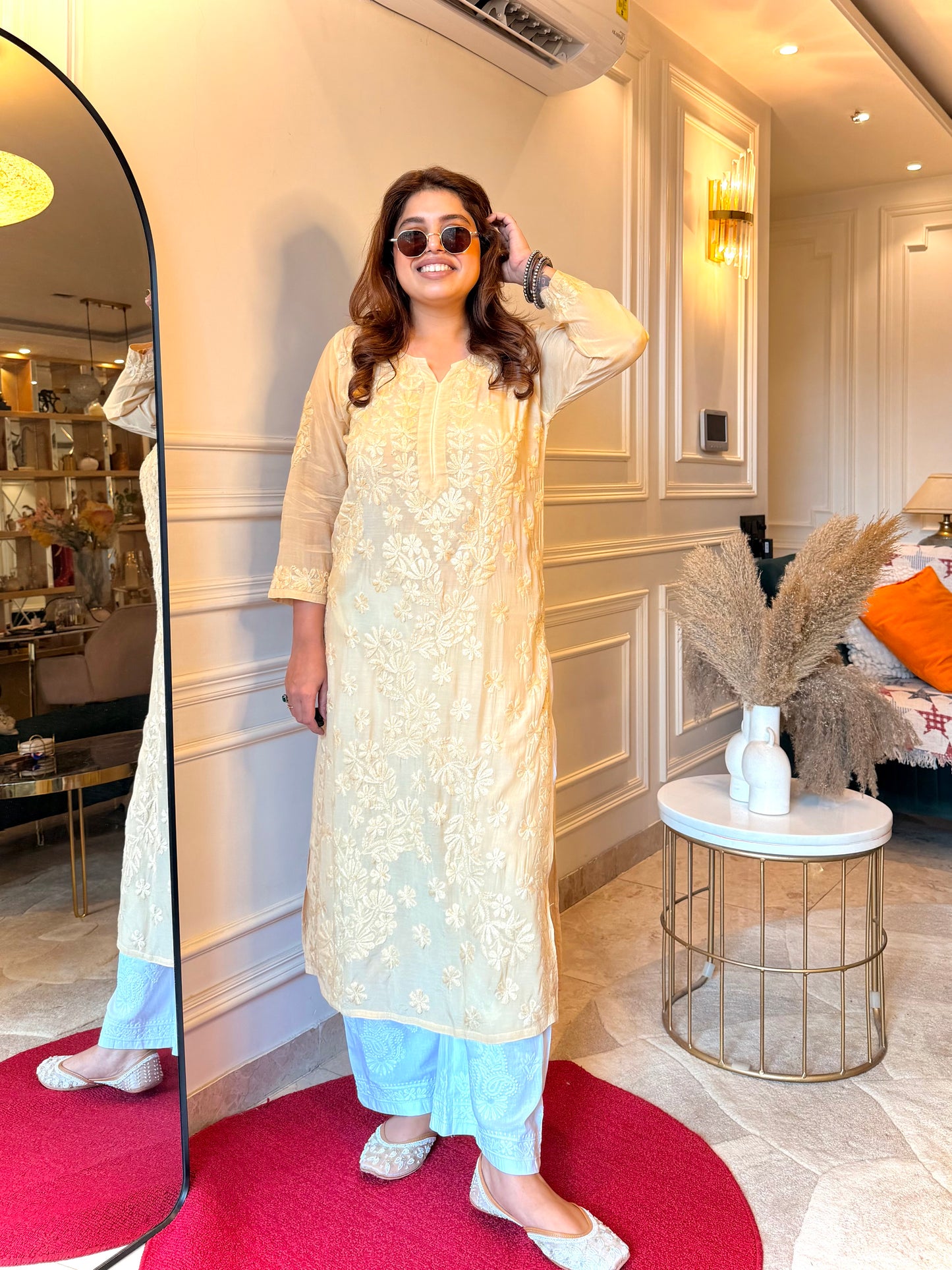 Hand embroidered Chikankari Kurta set | Mul Chanderi | Ivory colour