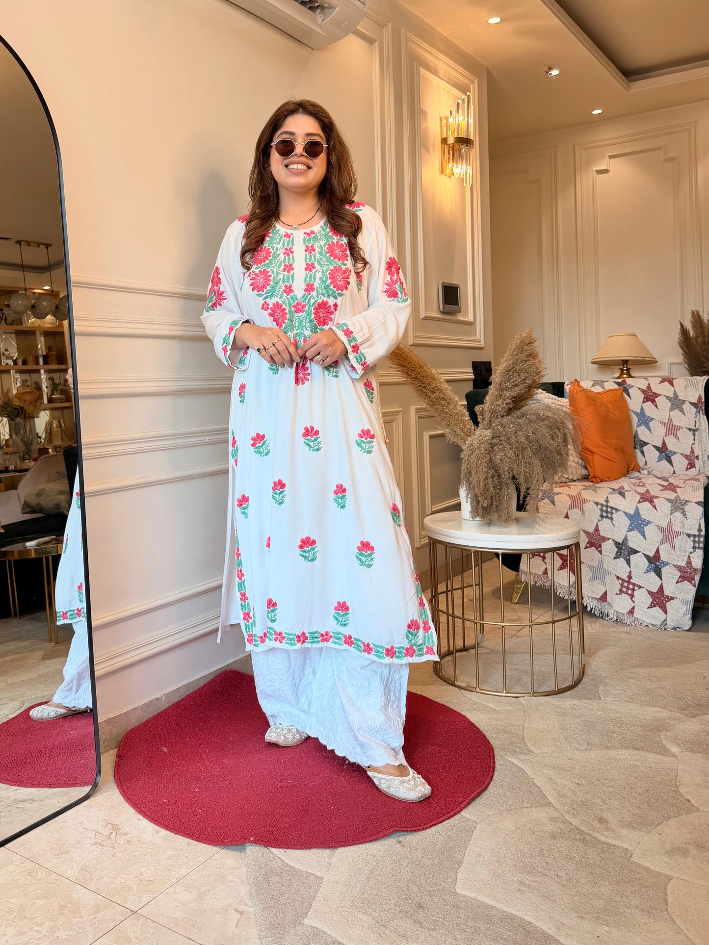 Hand embroidered Chikankari Kurta | Premium Cotton | White with Pink & Green
