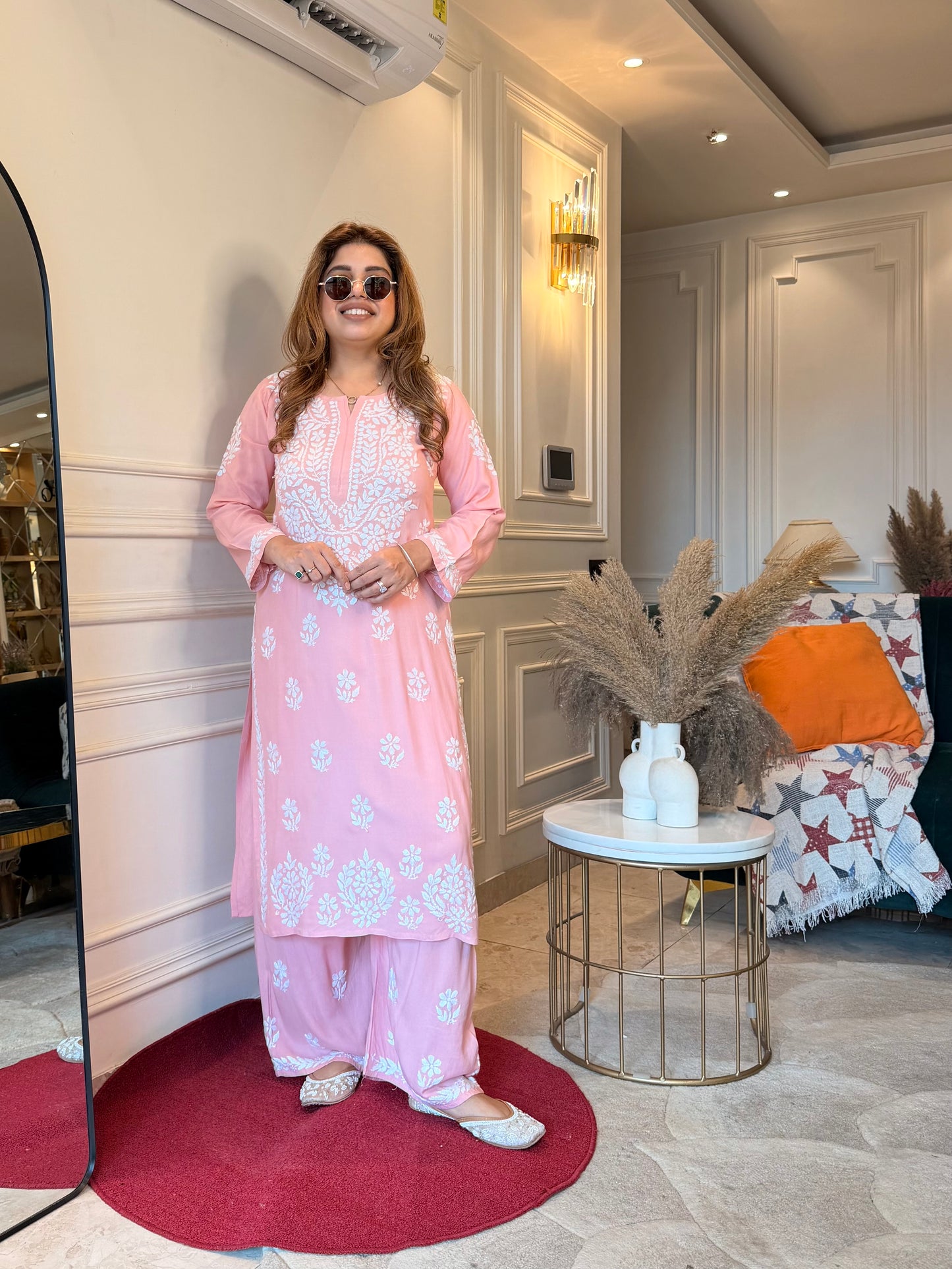 Hand Embroidered Chikankari Kurta set | Modal cotton | Light Peach