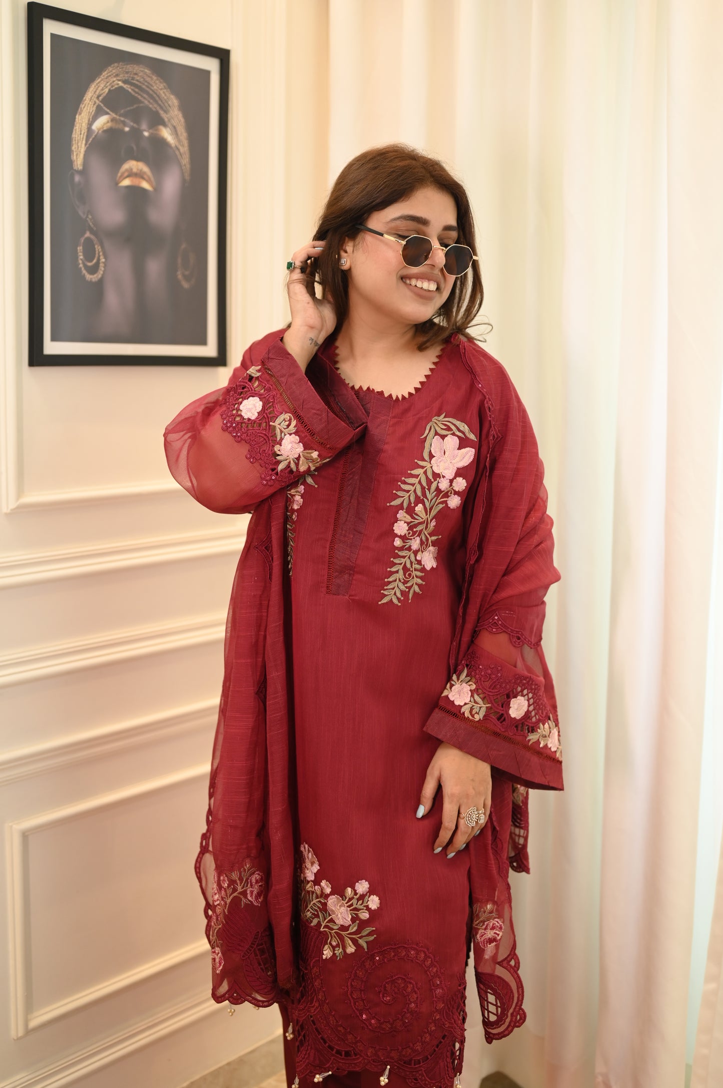Exclusive Rosy Maroon Embroidered  Lawn Suit Collection | Sizes M to 2XL