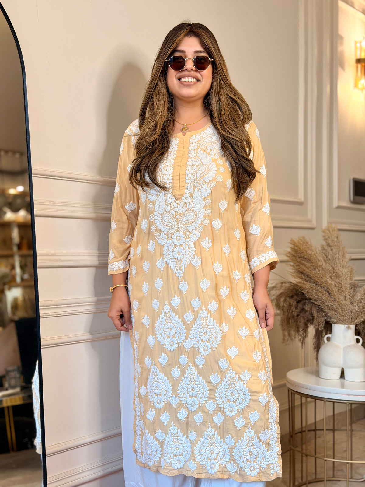 Hand Embroidered 3D Chikankari Kurta | Mul Chanderi | Beige