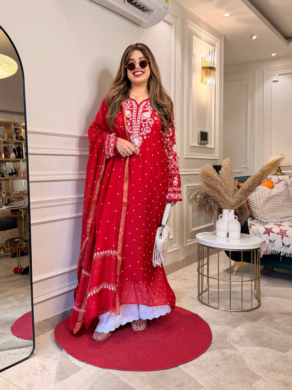 Premium Hand Embroidered Chikankari Kurta & Duppta | Mul Chanderi | Red