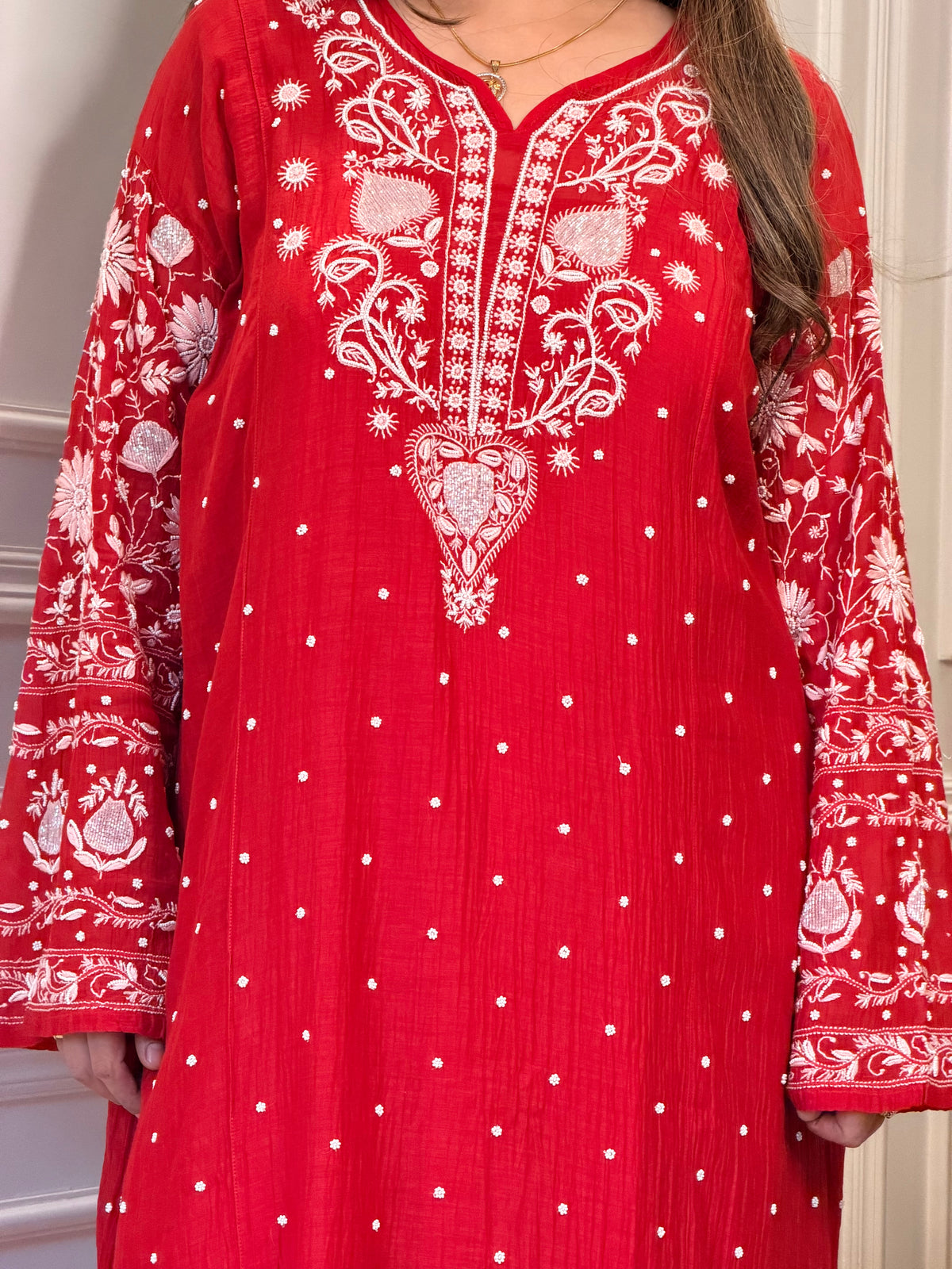 Premium Hand Embroidered Chikankari Kurta & Duppta | Mul Chanderi | Red