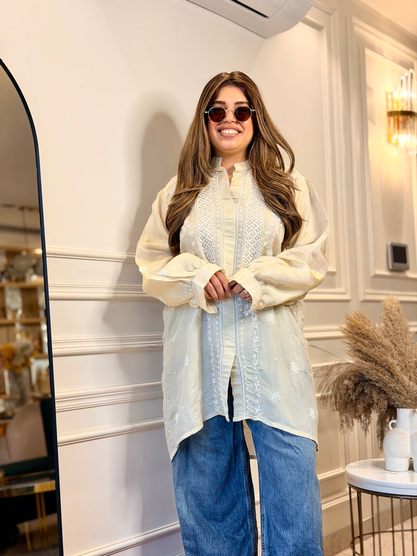 Hand Embroidered 3DChikankari Shirt | Premium Tissue | Ivory
