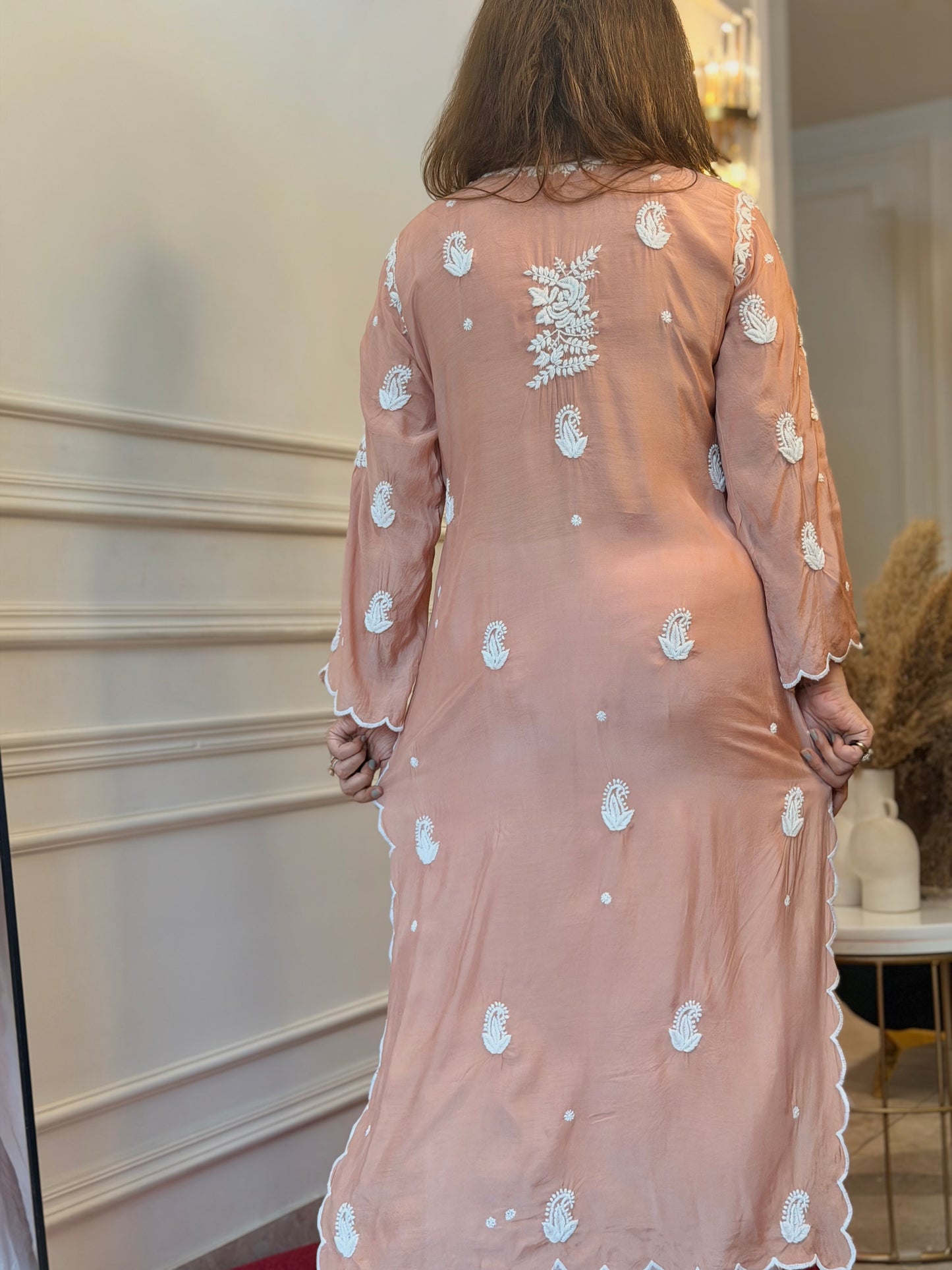 Hand embroidered 6D Chikankari Kurta | Mul Chanderi | Sand