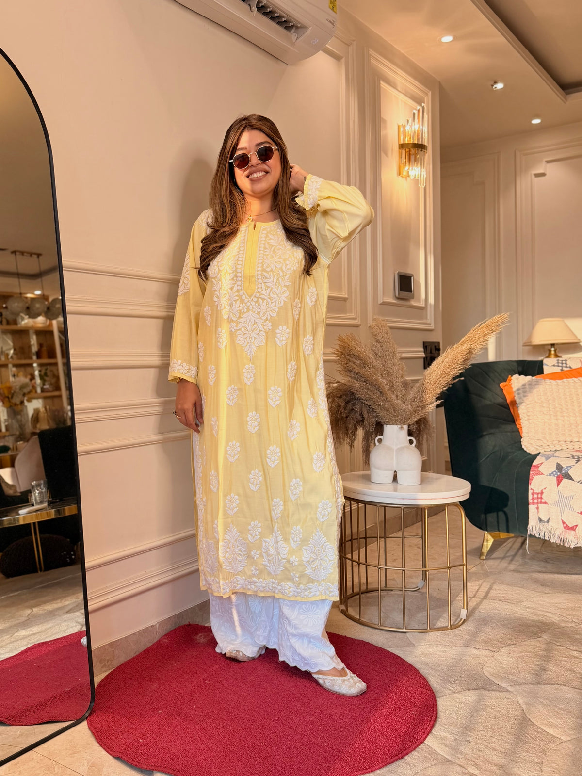 Hand Embroidered 3D Chikankari Kurta | Mul Chanderi | Butter Yellow