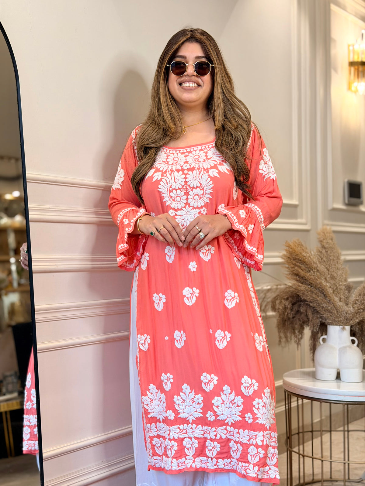 Hand Embroidered 3D Chikankari Kurta | Mul Chanderi | Pink