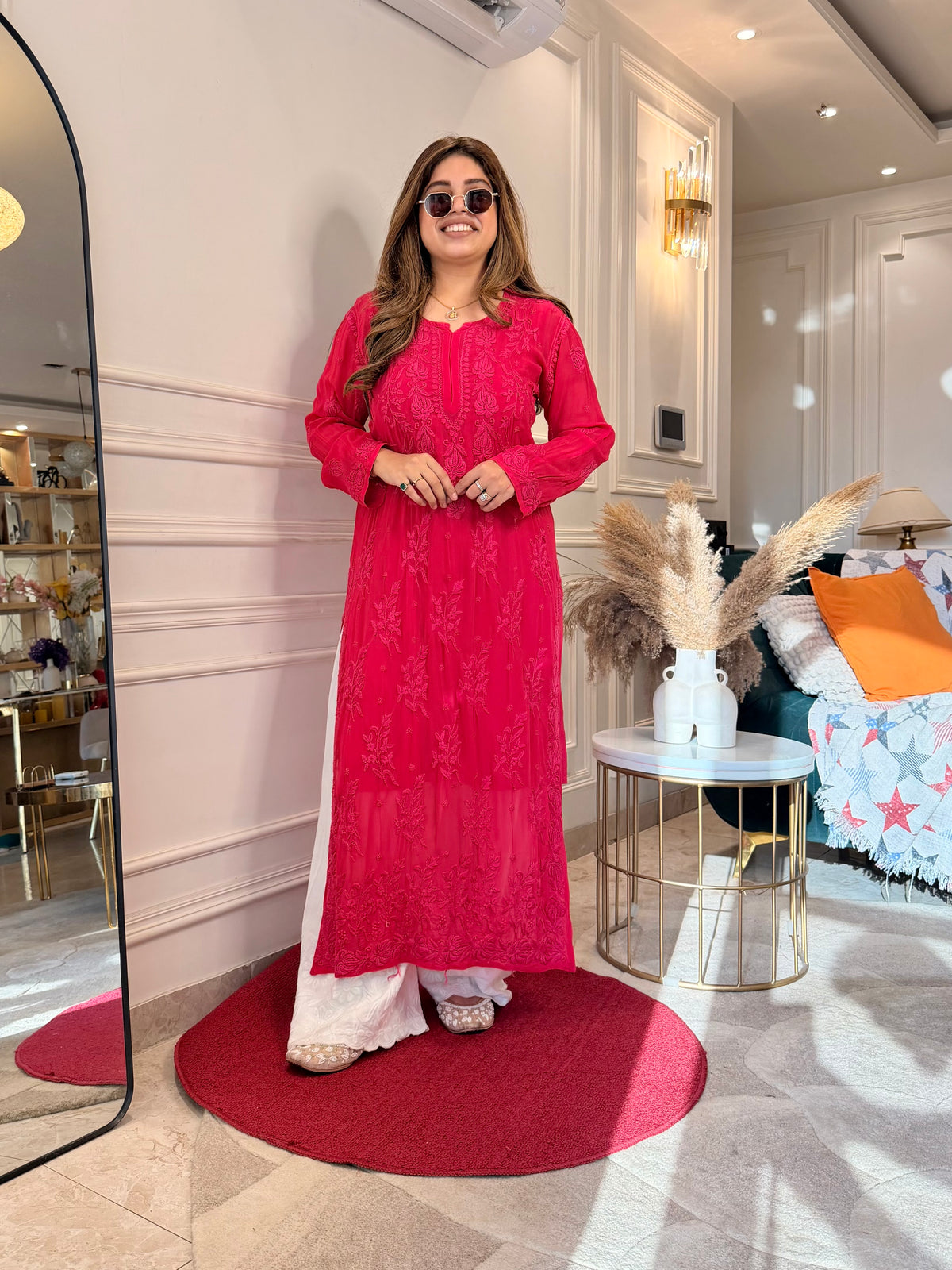 Hand Embroidered 3DChikankari Kurta  | Viscose | Hot Pink