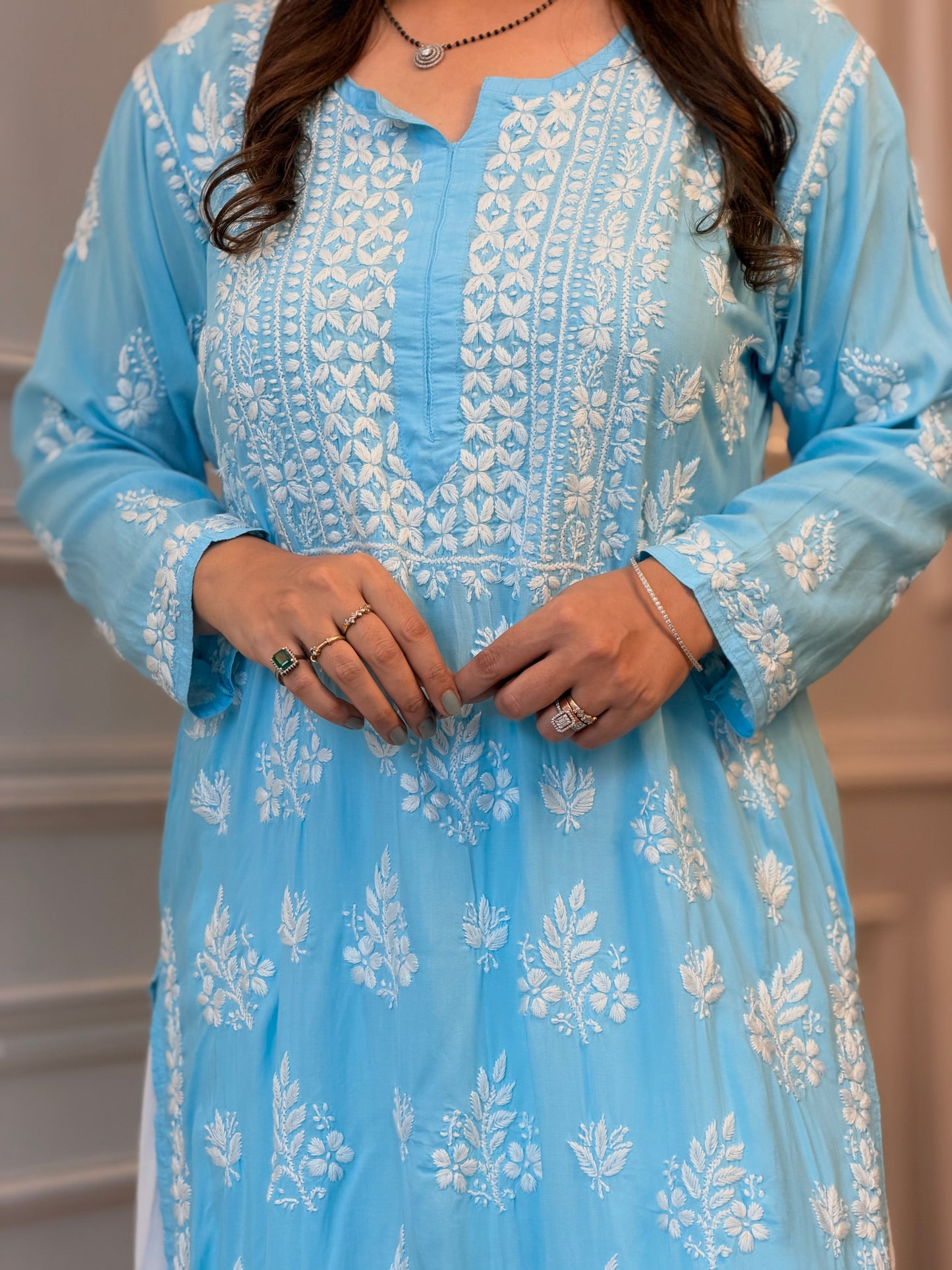 Hand Embroidered 3DChikankari Kurta  | Mul Chanderi | Frozi Blue