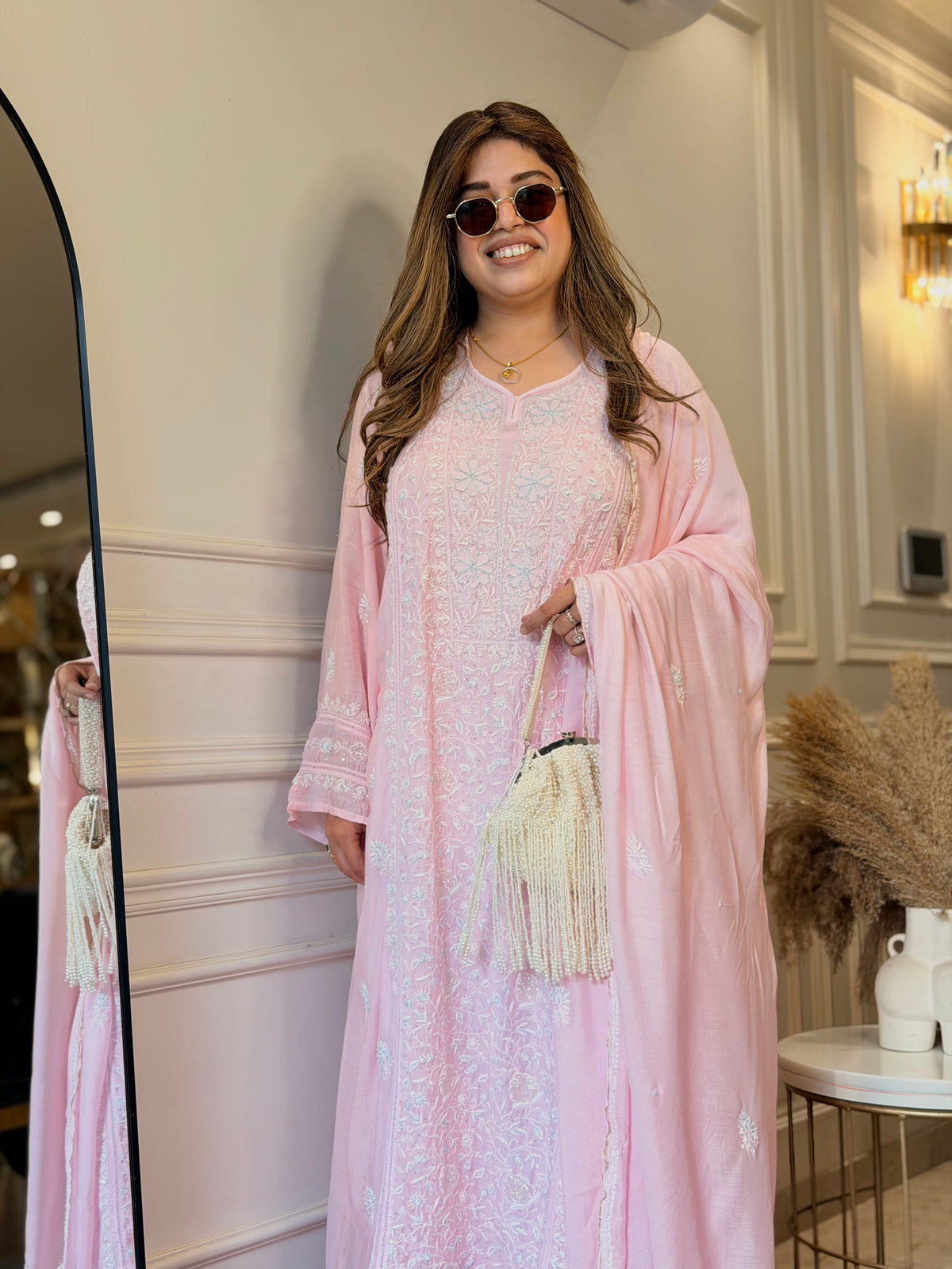 Luxe Hand Embroidered Chikankari Kurta & Duppta | Premium Soft Muslin | Pink