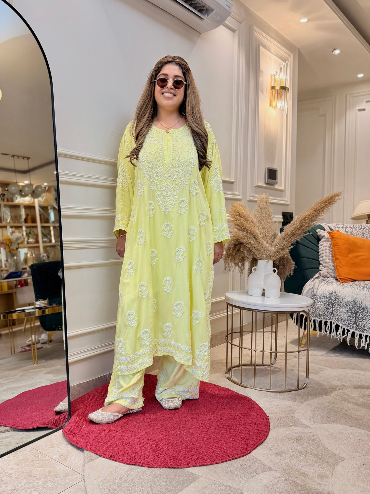3D Hand Embroidered Chikankari Kurta set | Premium Modal Satin | Neon Green