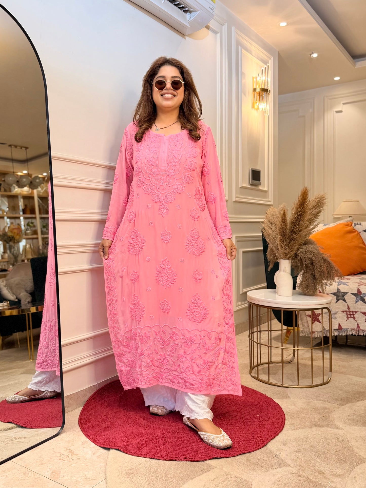Hand Embroidered 6D Chikankari Kurta  | Premium Viscose | Pink