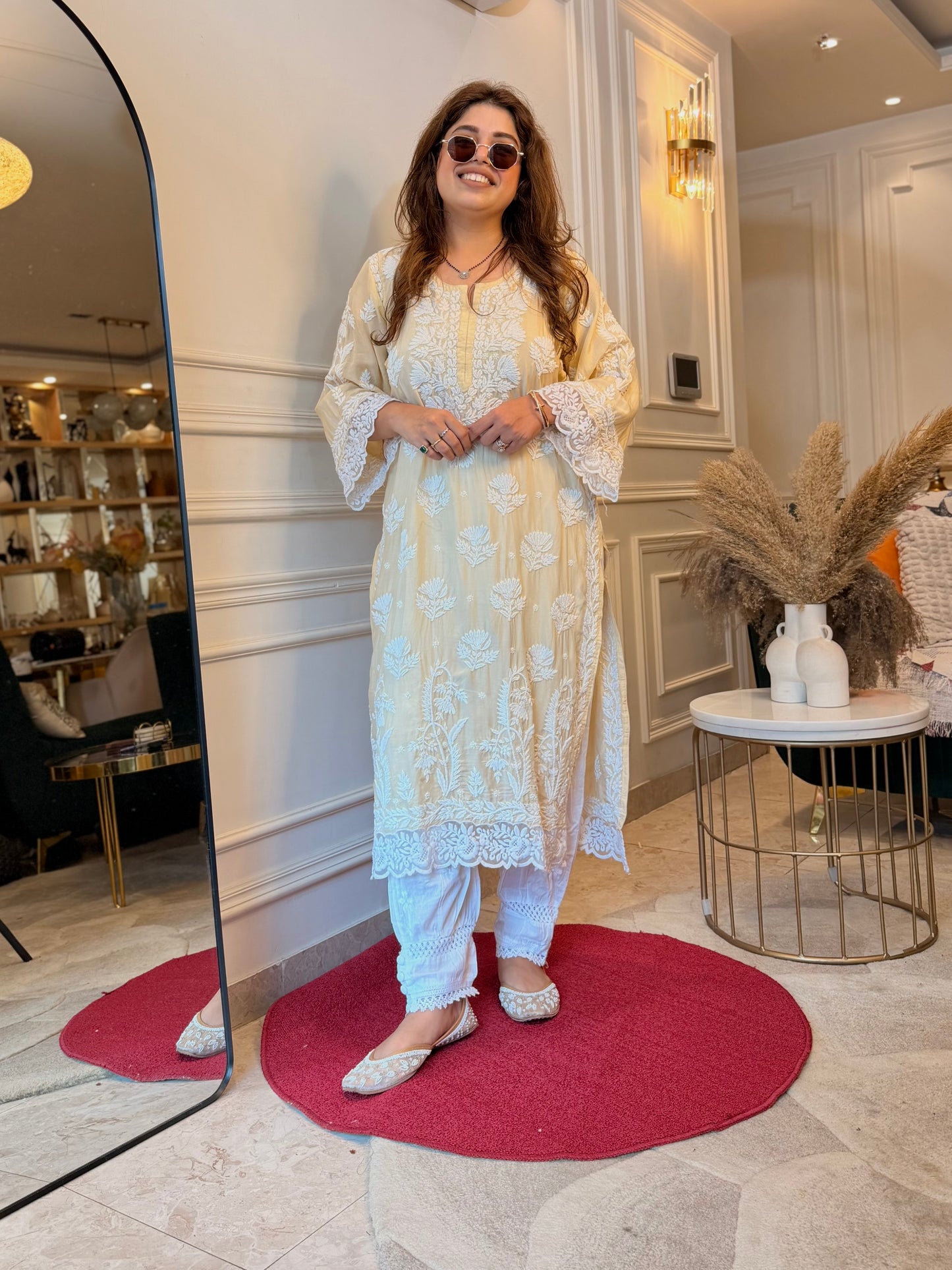 Hand embroidered 6D Chikankari Kurta | Mul Chanderi | Ivory