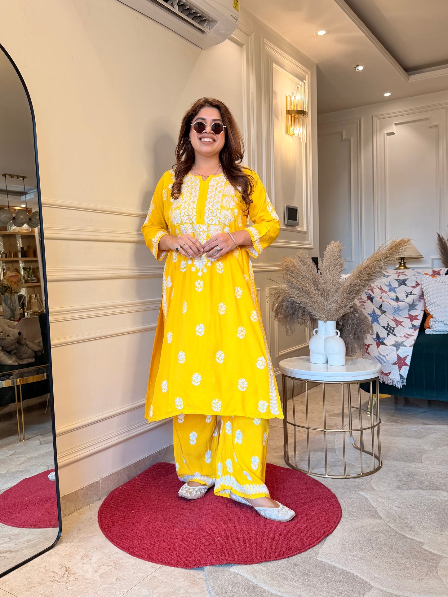 Hand Embroidered Chikankari Kurta set | Modal | Bright Yellow