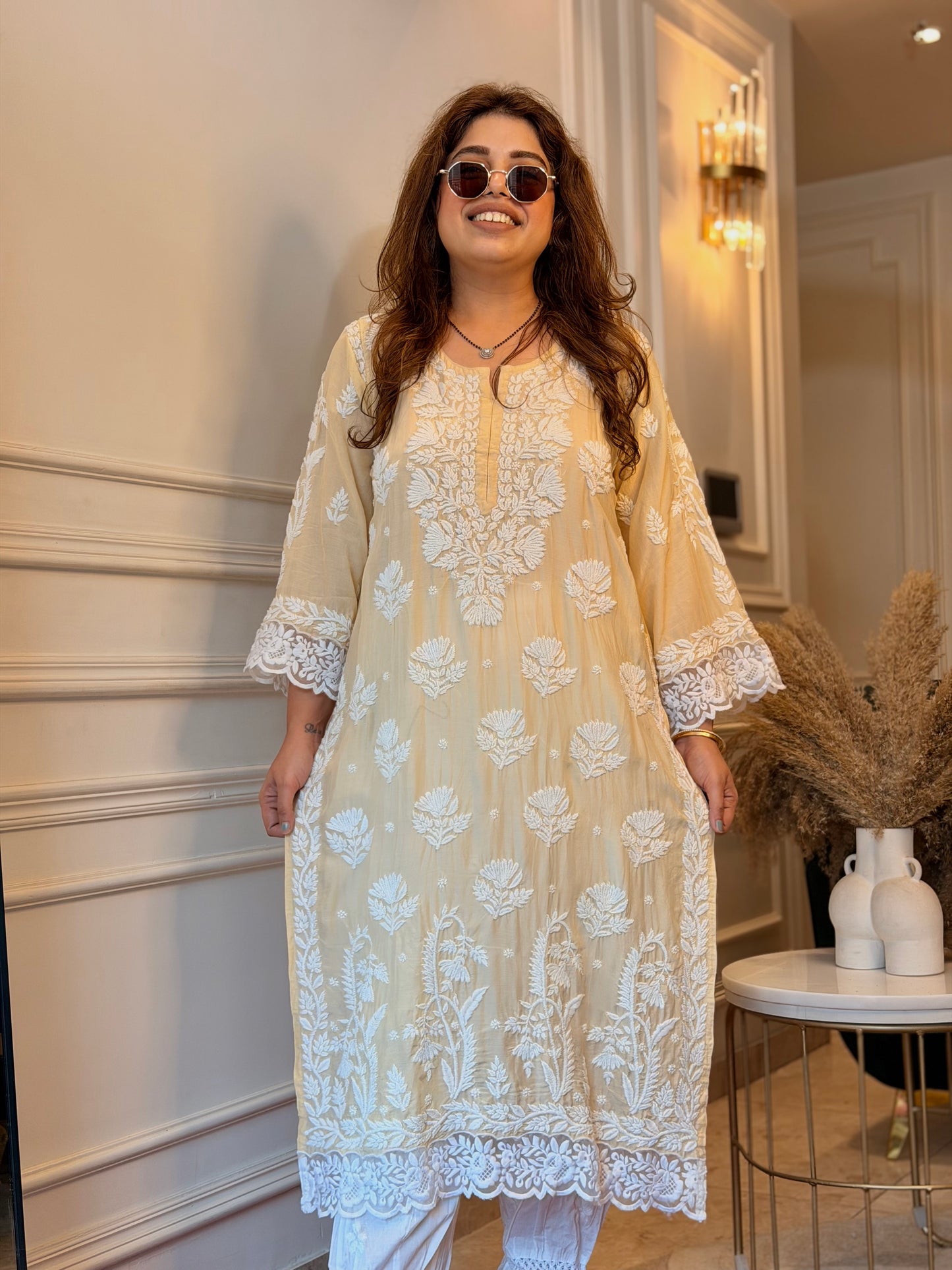 Hand embroidered 6D Chikankari Kurta | Mul Chanderi | Ivory