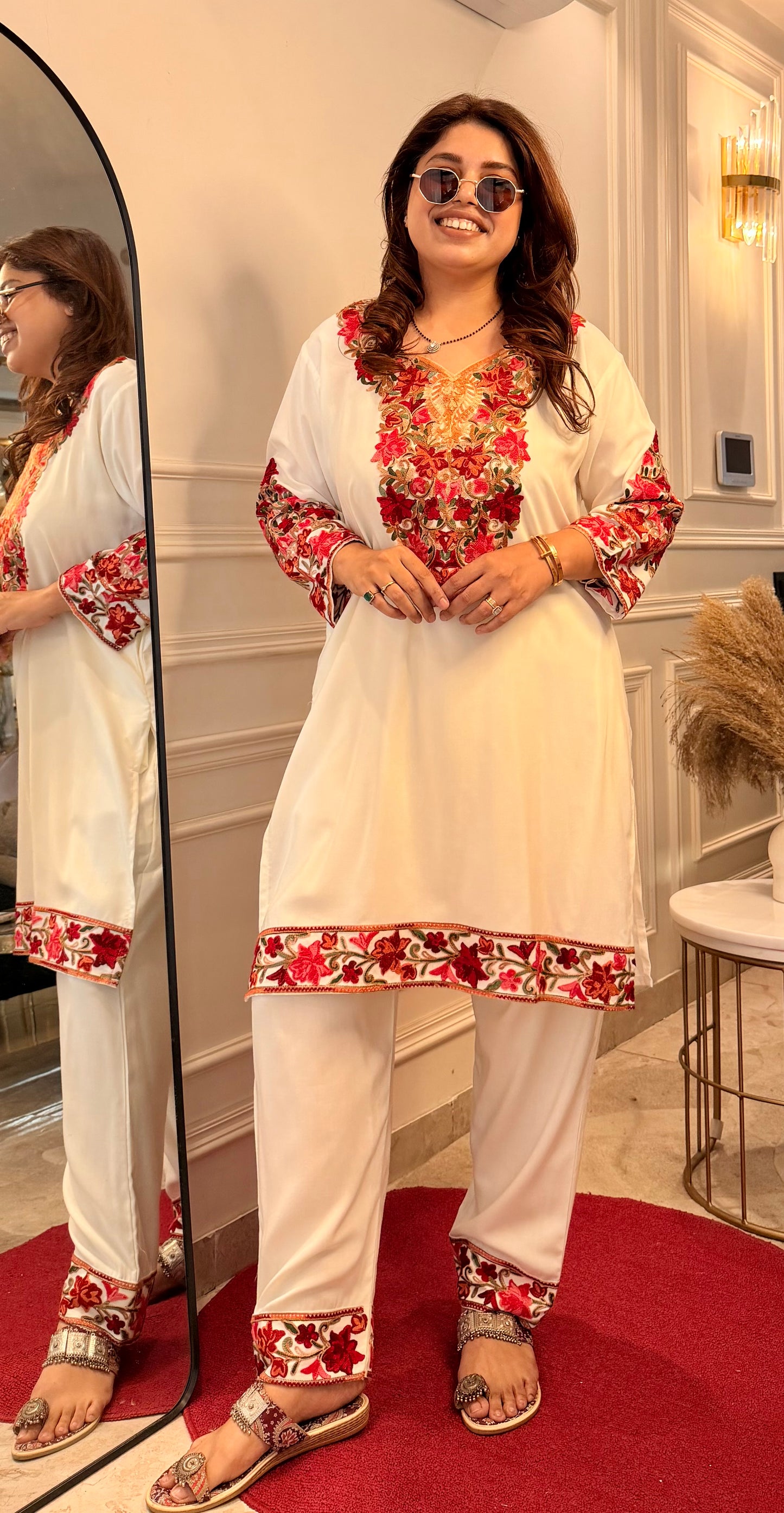 Cotton Kashmiri Emberoried Cordset- Cream Colour