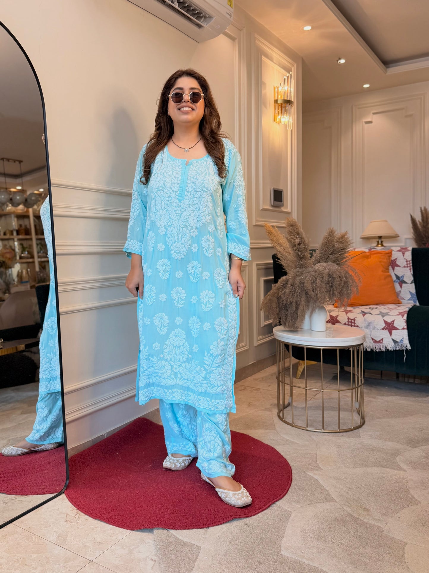 Hand Embroidered Chikankari Kurta set | Modal | light Blue