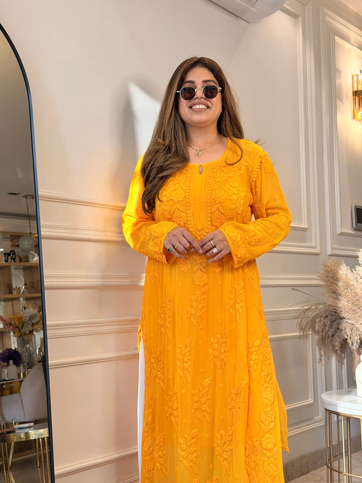 Hand Embroidered 3DChikankari Kurta  | Viscose | Mustard