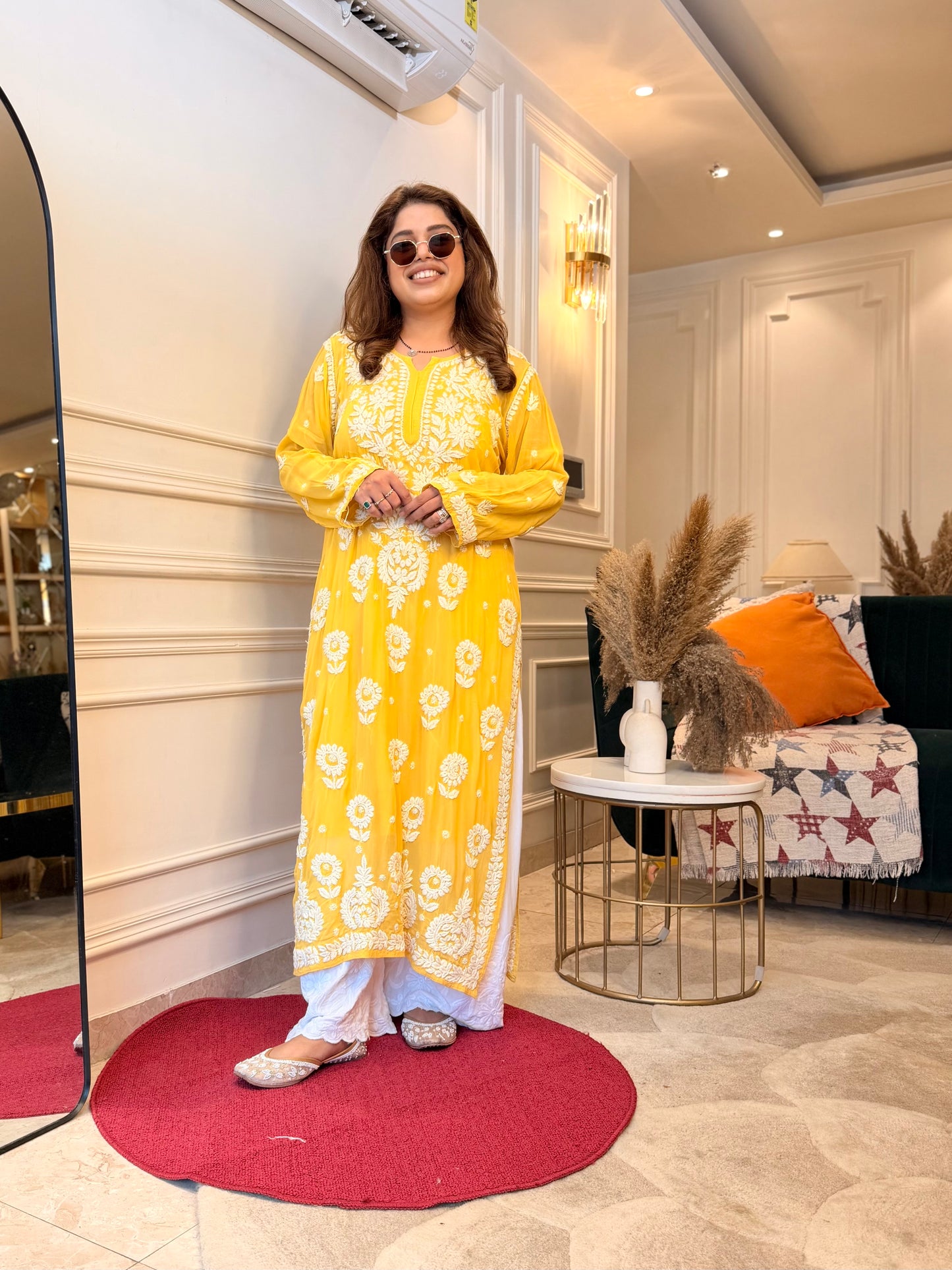 Hand Embroidered 6D Chikankari Kurta  | Premium Viscose | Mustard