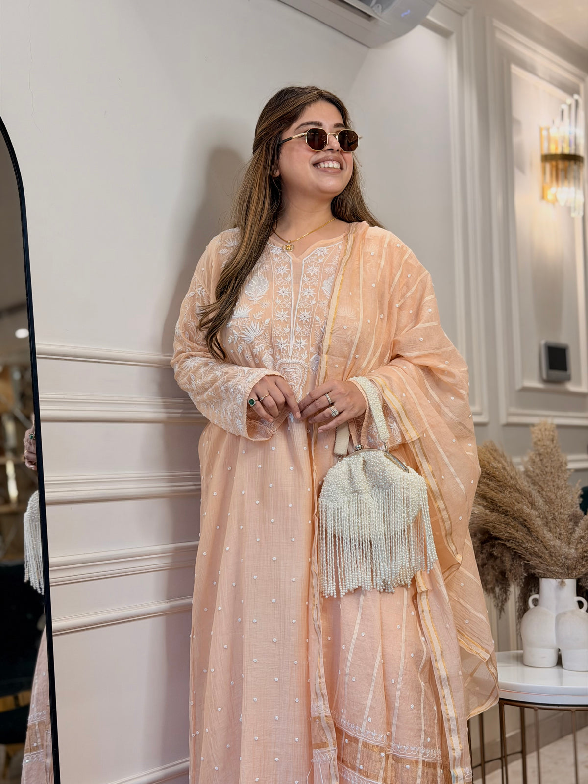 Premium Hand Embroidered Chikankari Kurta & Duppta | Mul Chanderi | Peach