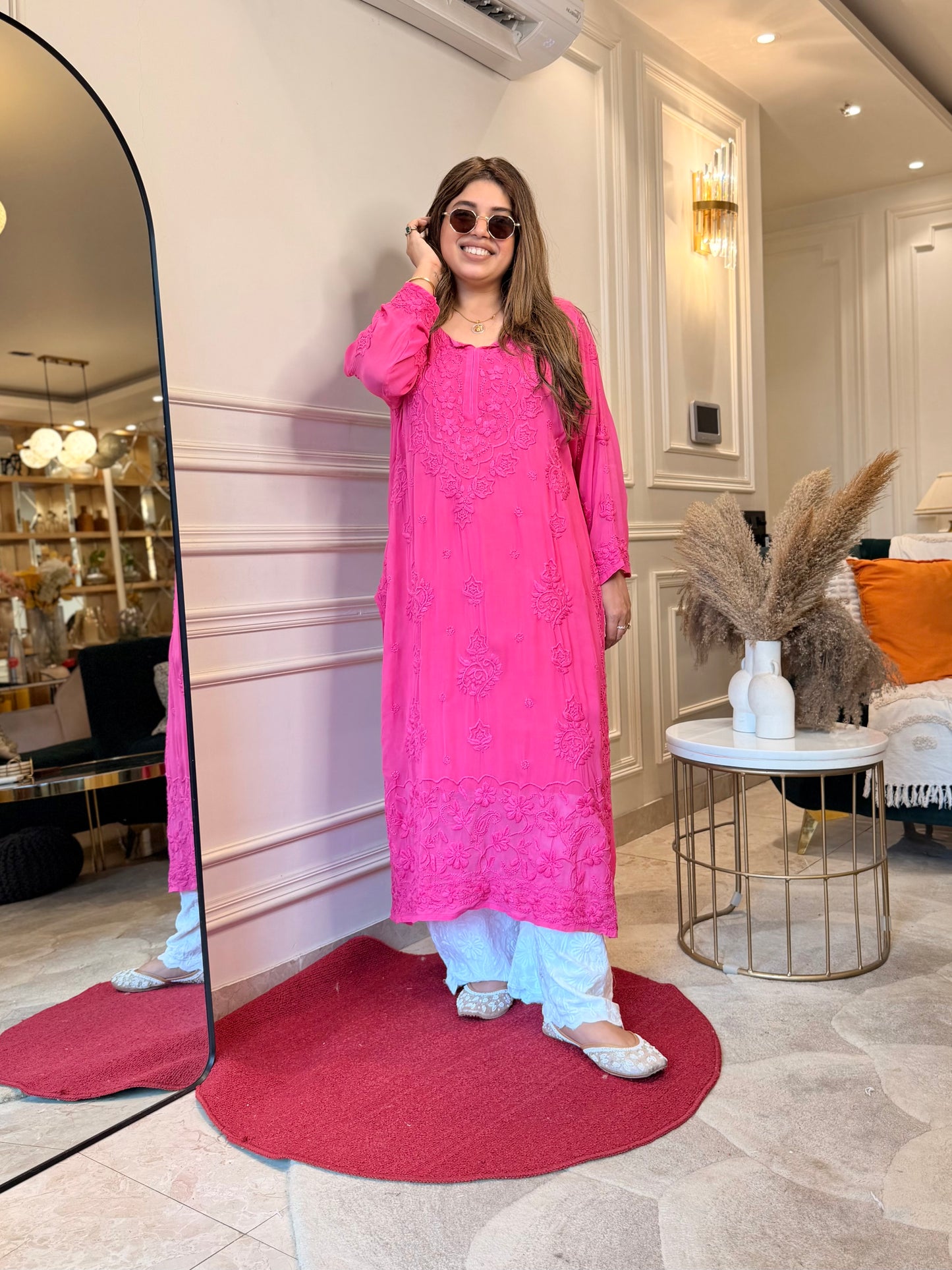 Hand Embroidered 3DChikankari Kurta  | Viscose |  Hot Pink