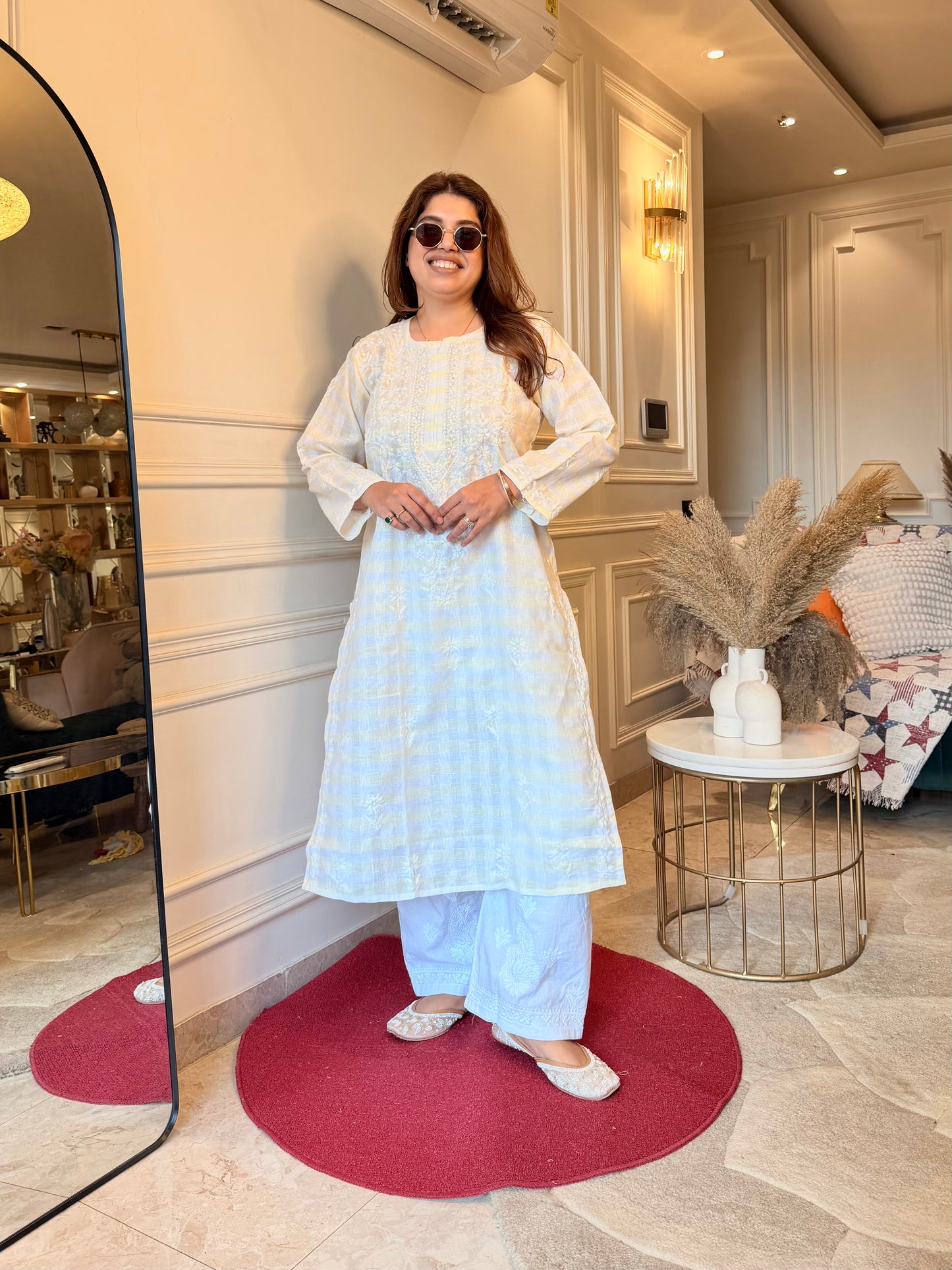 Hand Embroidered Chikankari Kurta Set - Kota Doriya Fabric | lemon Yellow