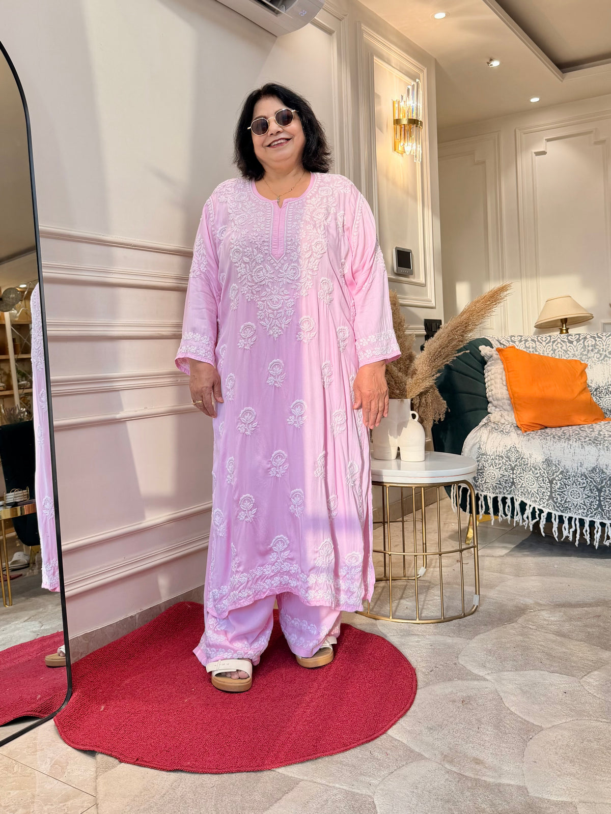 3D Hand Embroidered Chikankari Kurta set | Premium Modal Satin | Pink