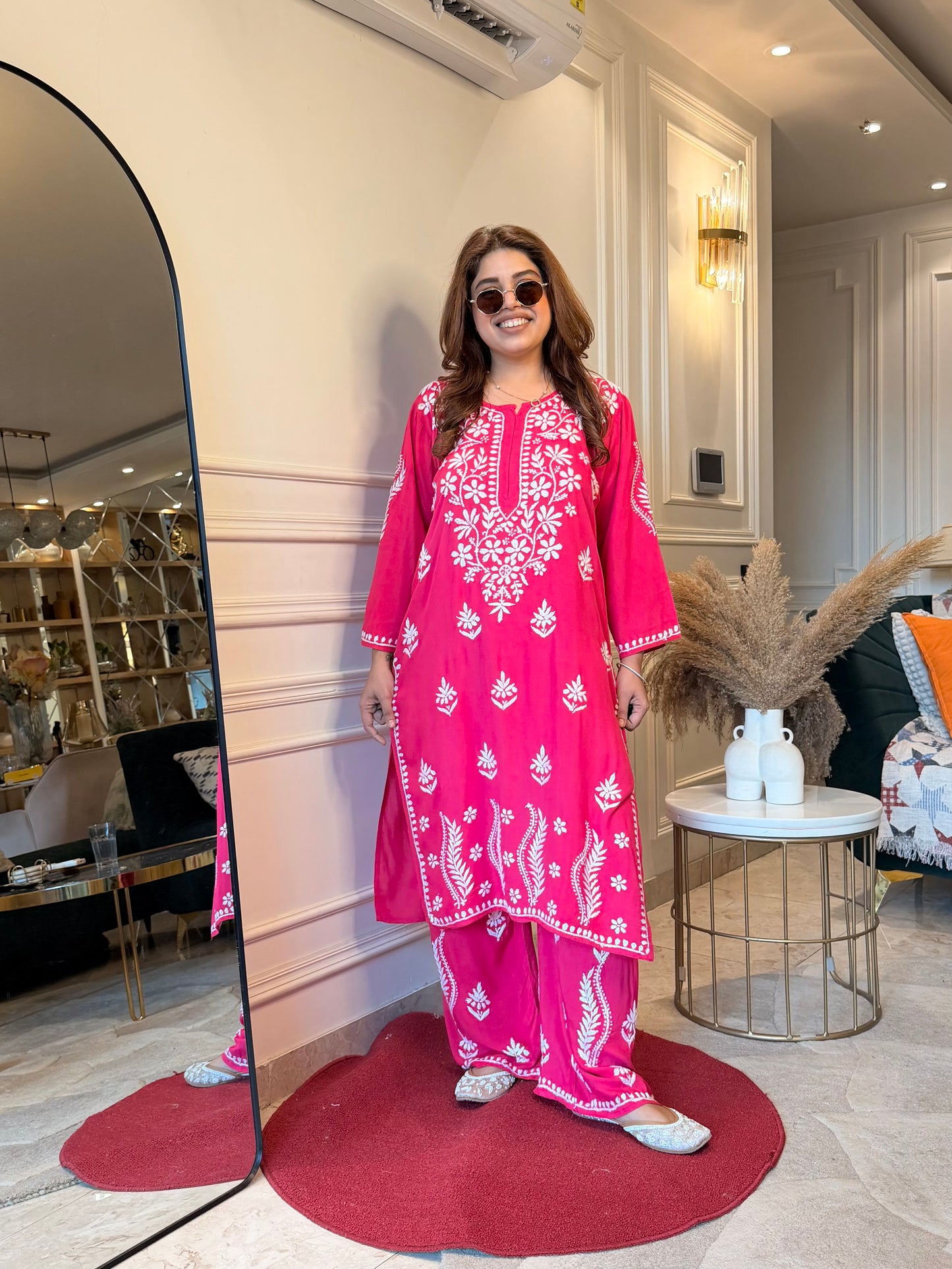 Hand Embroidered Chikankari Kurta set | Modal | Hot Pink