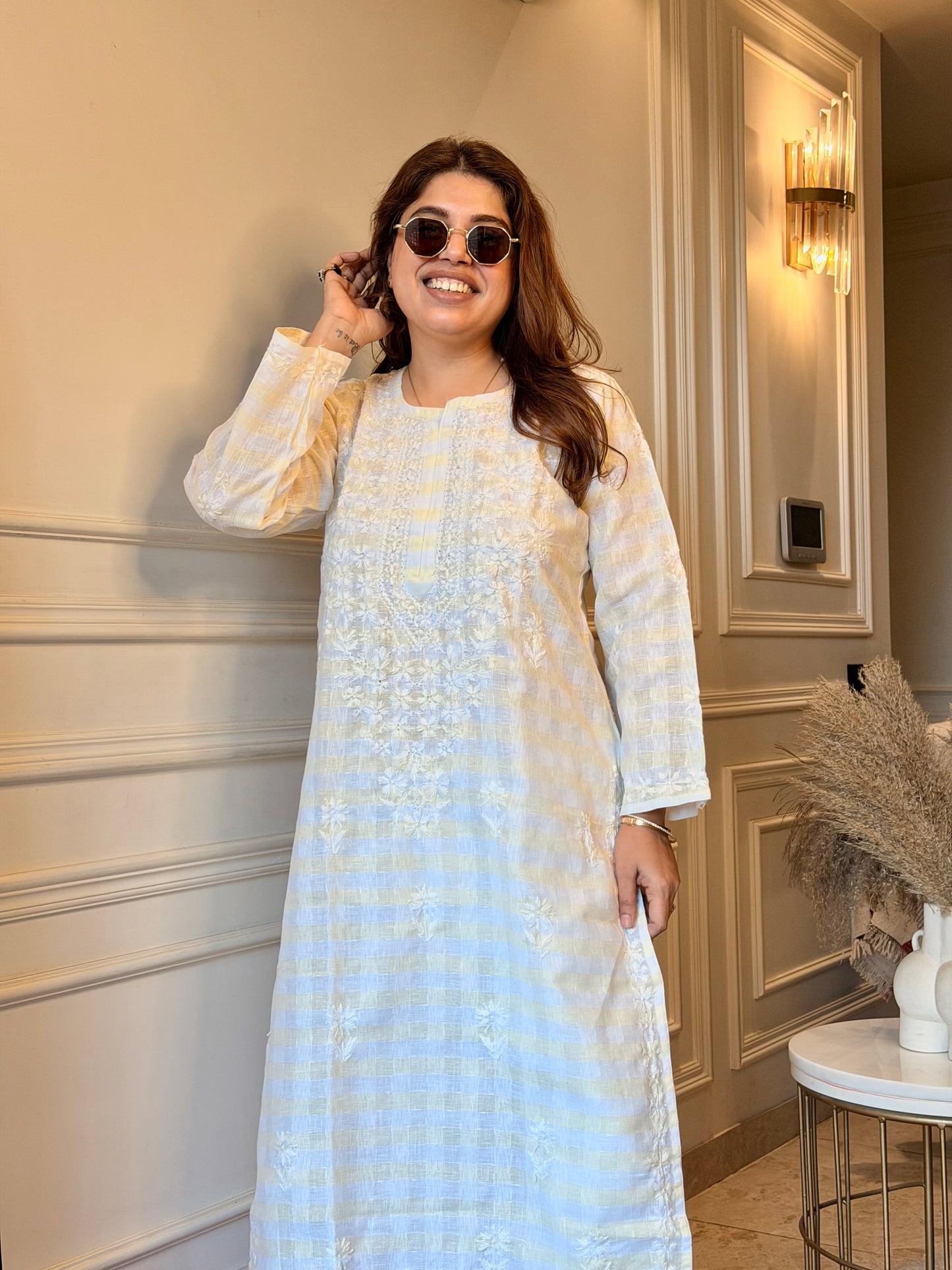 Hand Embroidered Chikankari Kurta Set - Kota Doriya Fabric | lemon Yellow