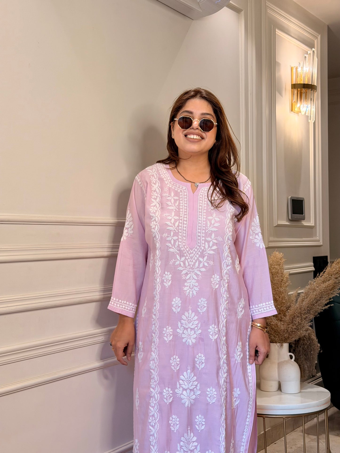Hand Embroidered Chikankari Kurta Set - Baby Pink
