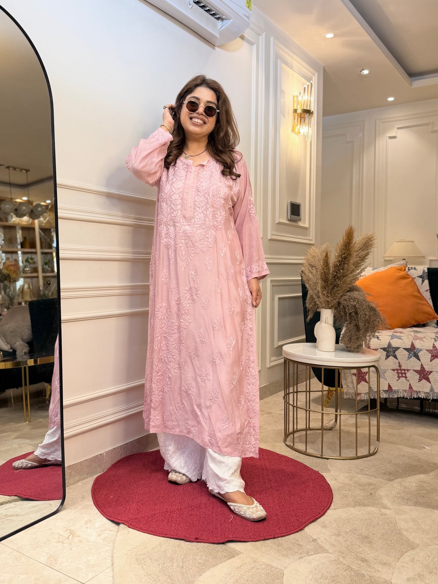 Hand Embroidered Chikankari Kurta | Premium Mul Chanderi | Mauve