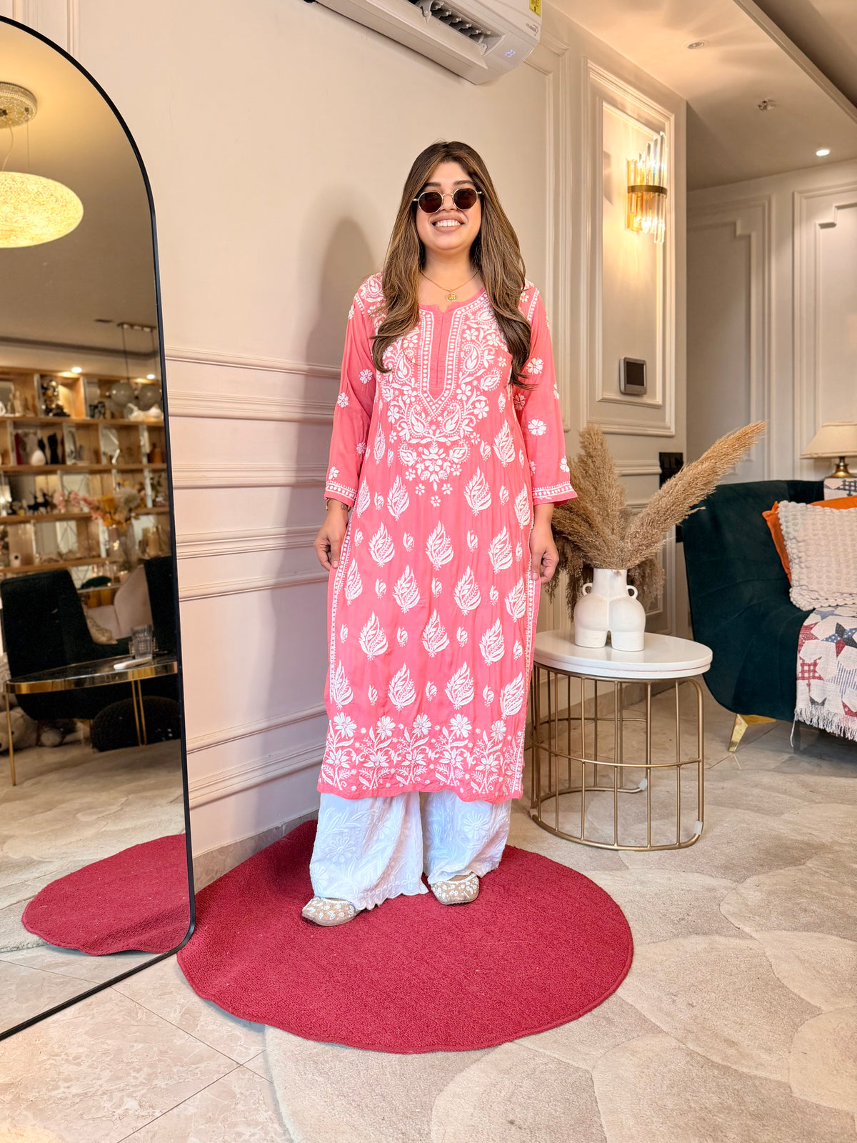 Hand Embroidered 3D Chikankari Kurta | Mul Chanderi | Coral Pink
